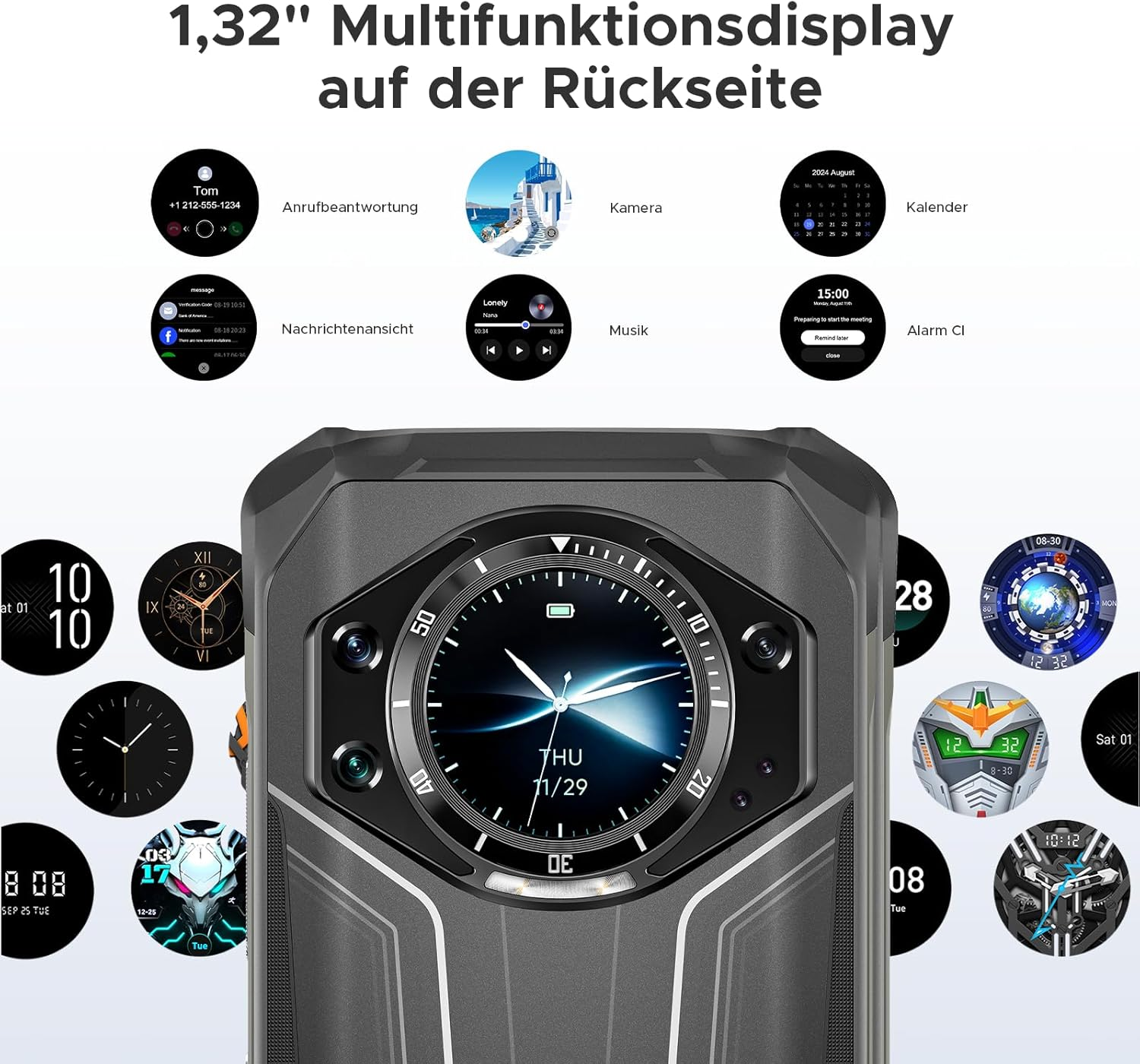 Ein Smartphone mit Multifunktionsdisplay auf der Rückseite. Zeigt Uhren, Kalender, Musik & Anrufe.