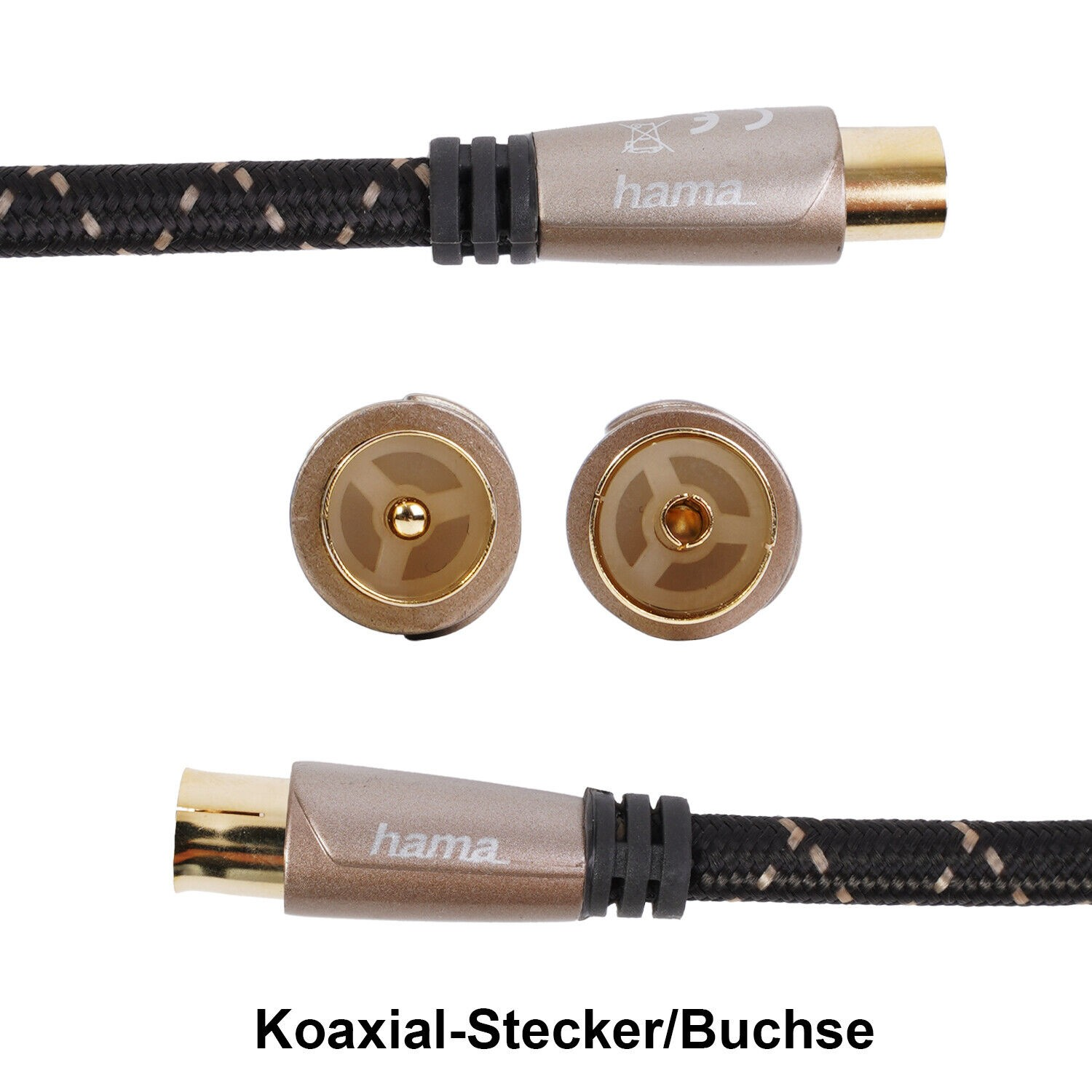 Koaxialkabel mit Stecker und Buchse, Hama-Marke, goldfarben.