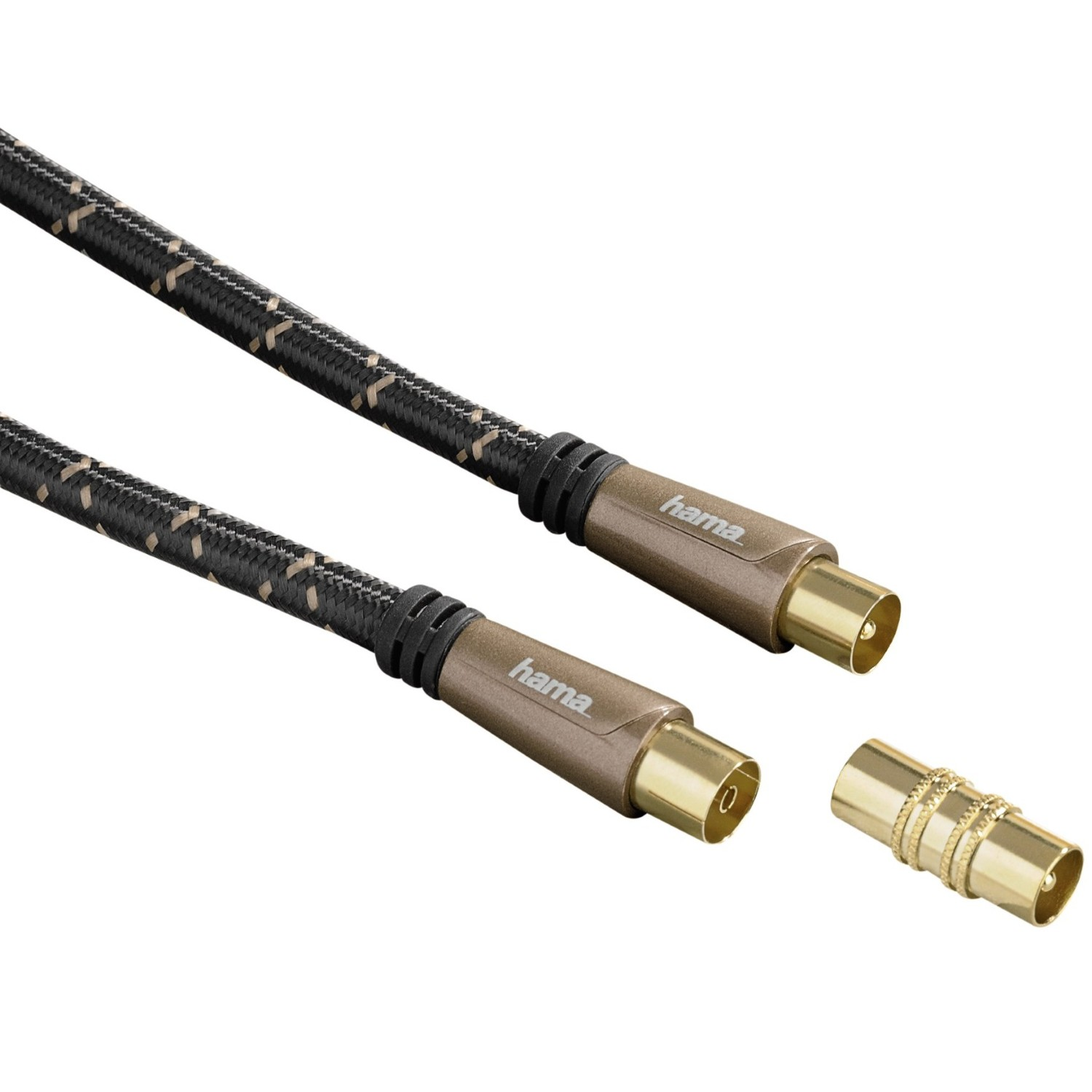 Zwei Hama-Kabel mit braunen Steckern und schwarz-goldenen Geflechtschläuchen.