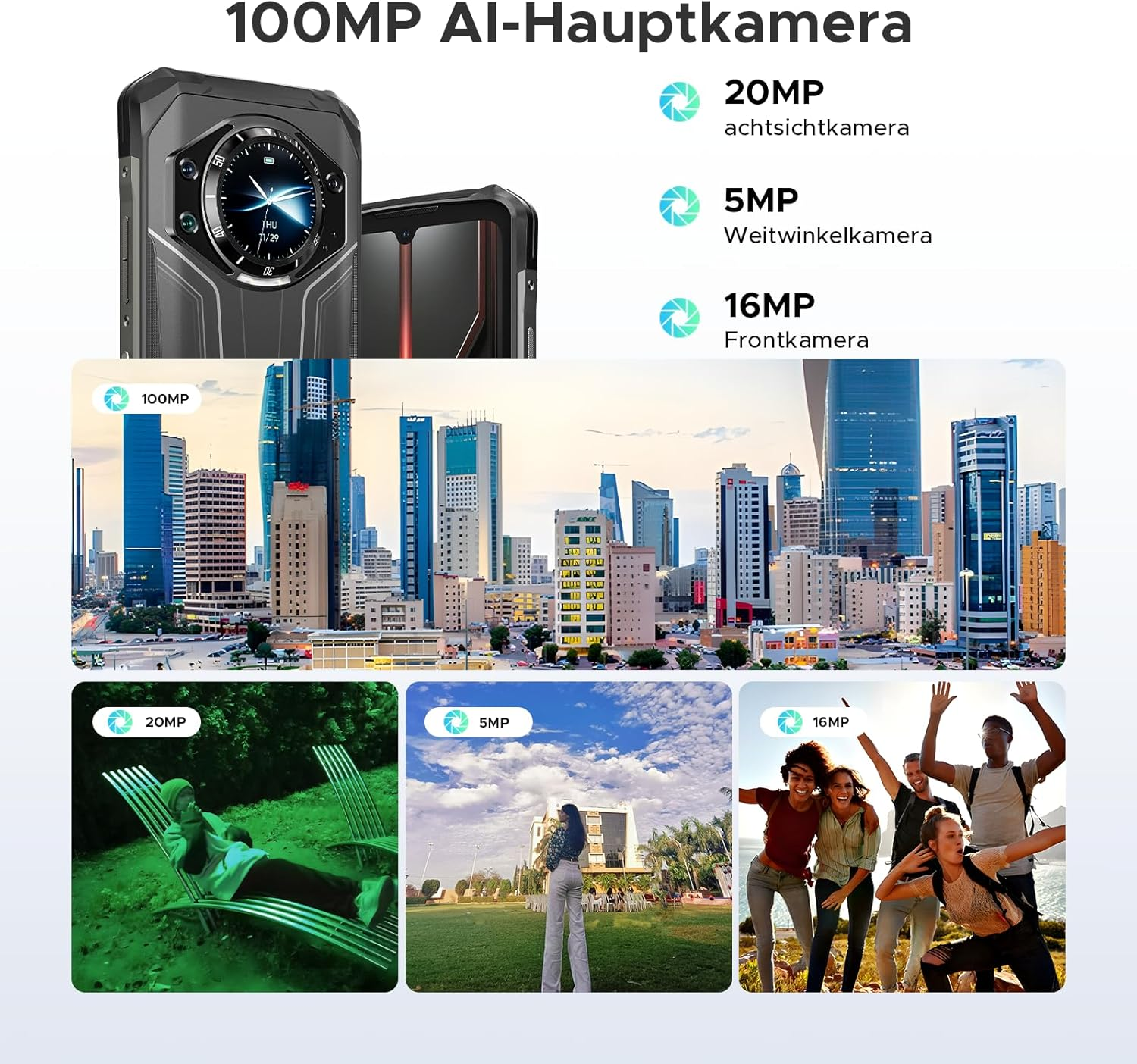Ein Handy mit 100MP-Kamera, Stadtsilhouette und drei Beispielbildern: Nacht, Landschaft, Gruppe.