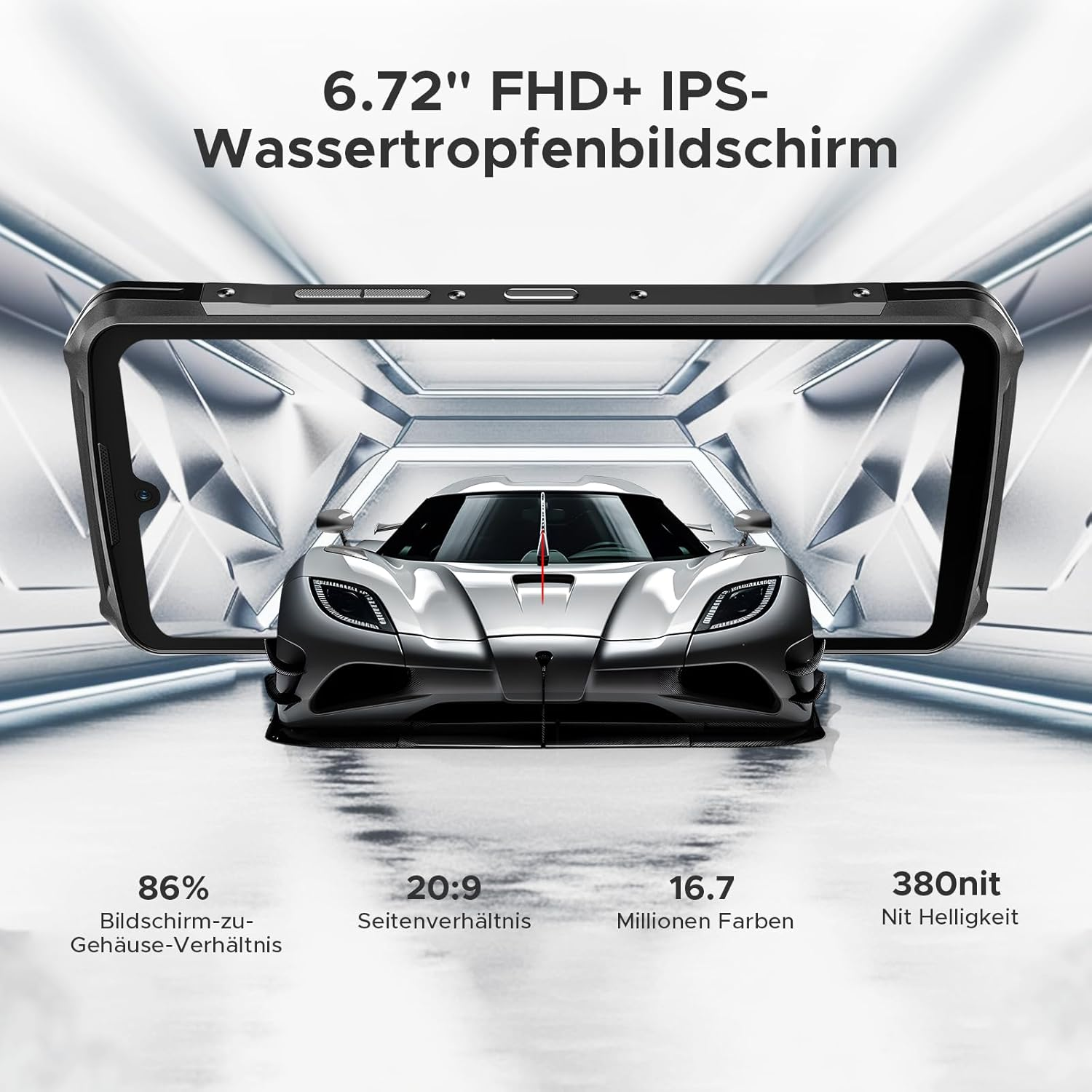 Ein Smartphone-Display zeigt einen silbernen Sportwagen auf einer futuristischen Bühne.