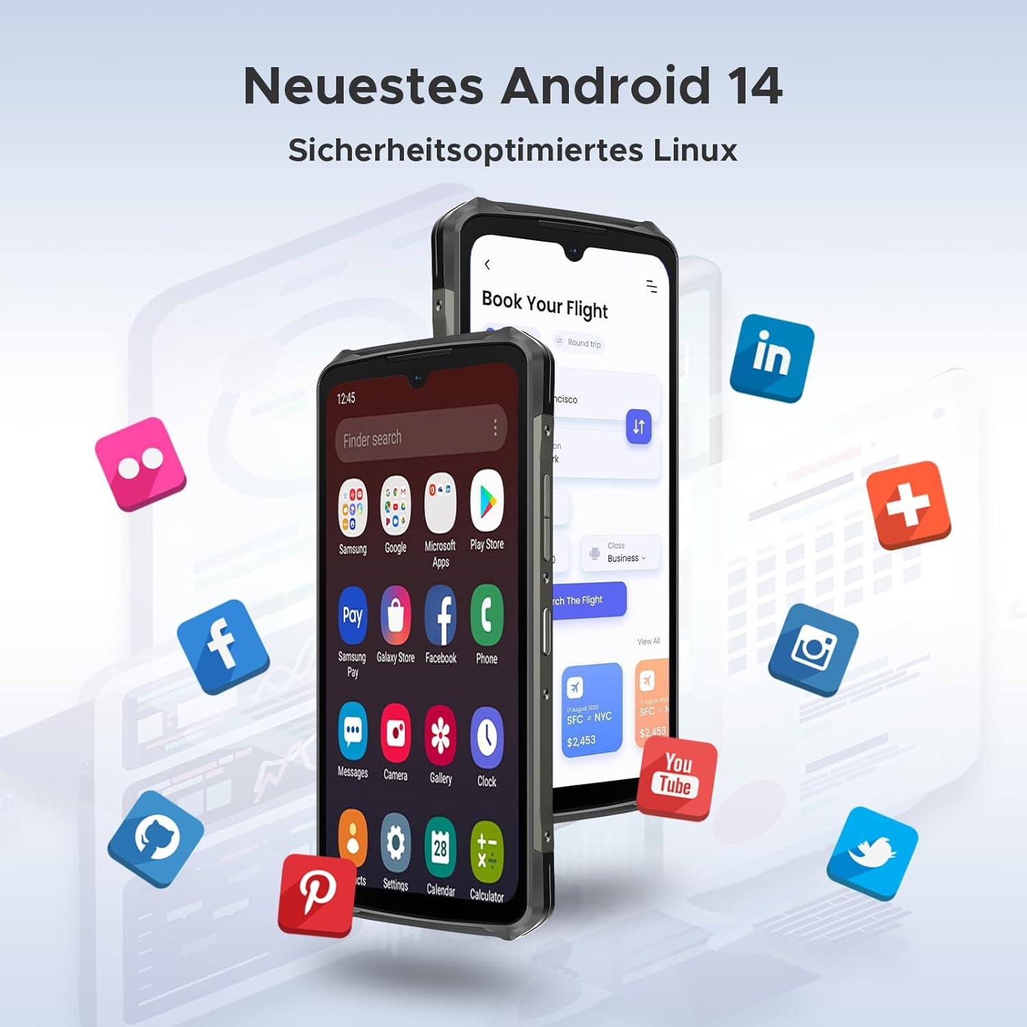 Zwei Smartphones mit Android 14, Social-Media-Icons und Text.