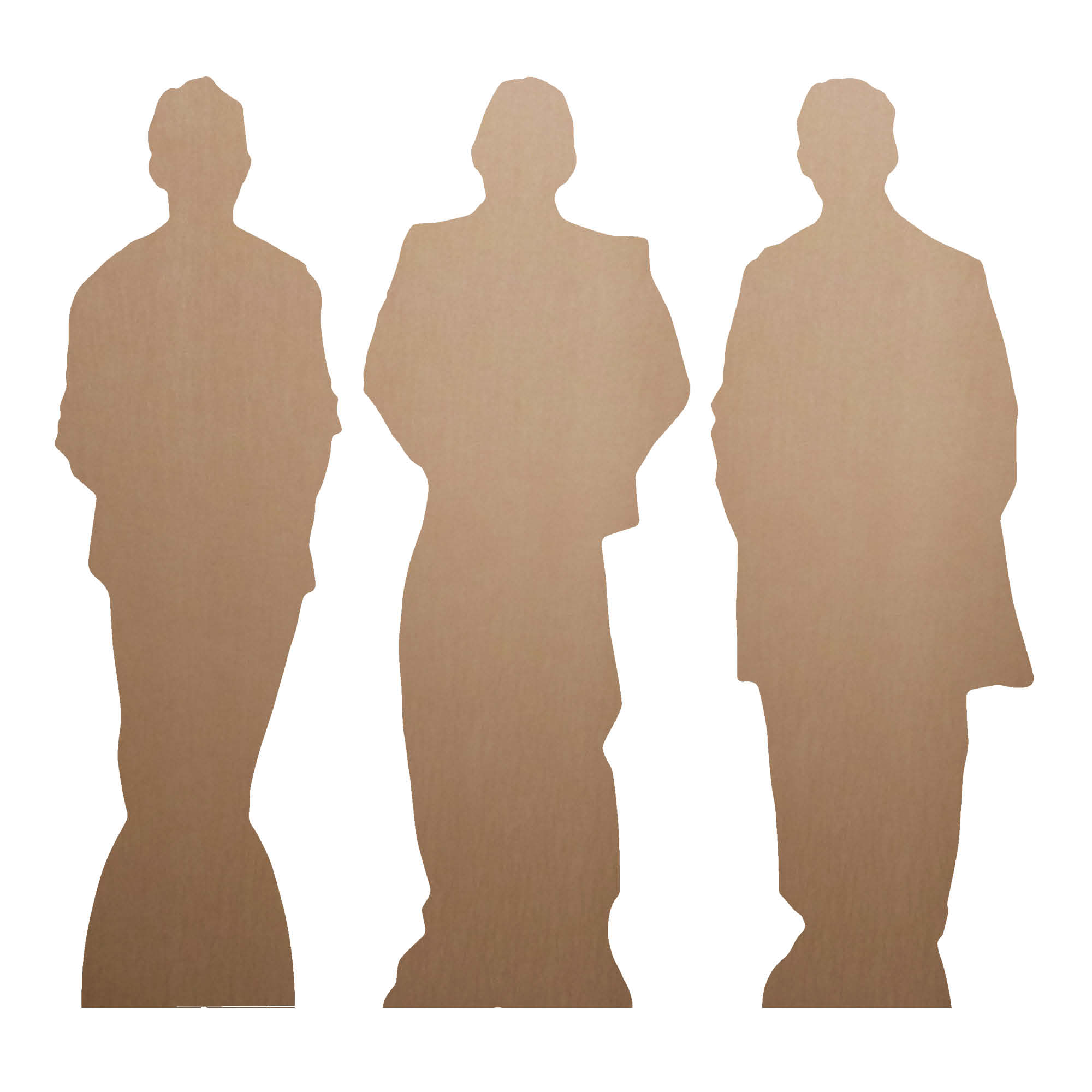 Drei braune Silhouetten von Personen in Anzügen stehen nebeneinander.