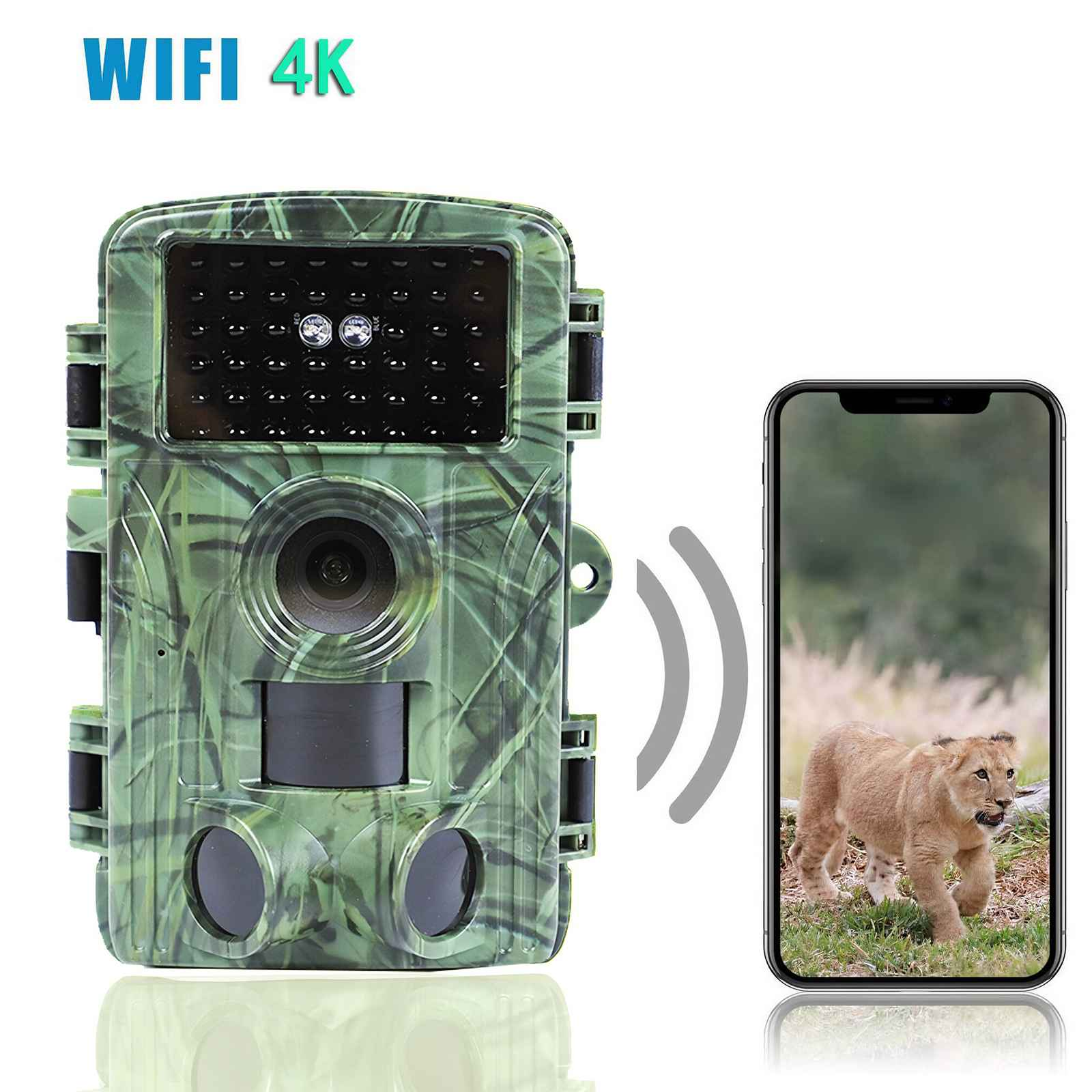 Eine grüne Wildkamera mit Tarnmuster sendet ein Signal an ein Smartphone mit einem Löwenbaby.