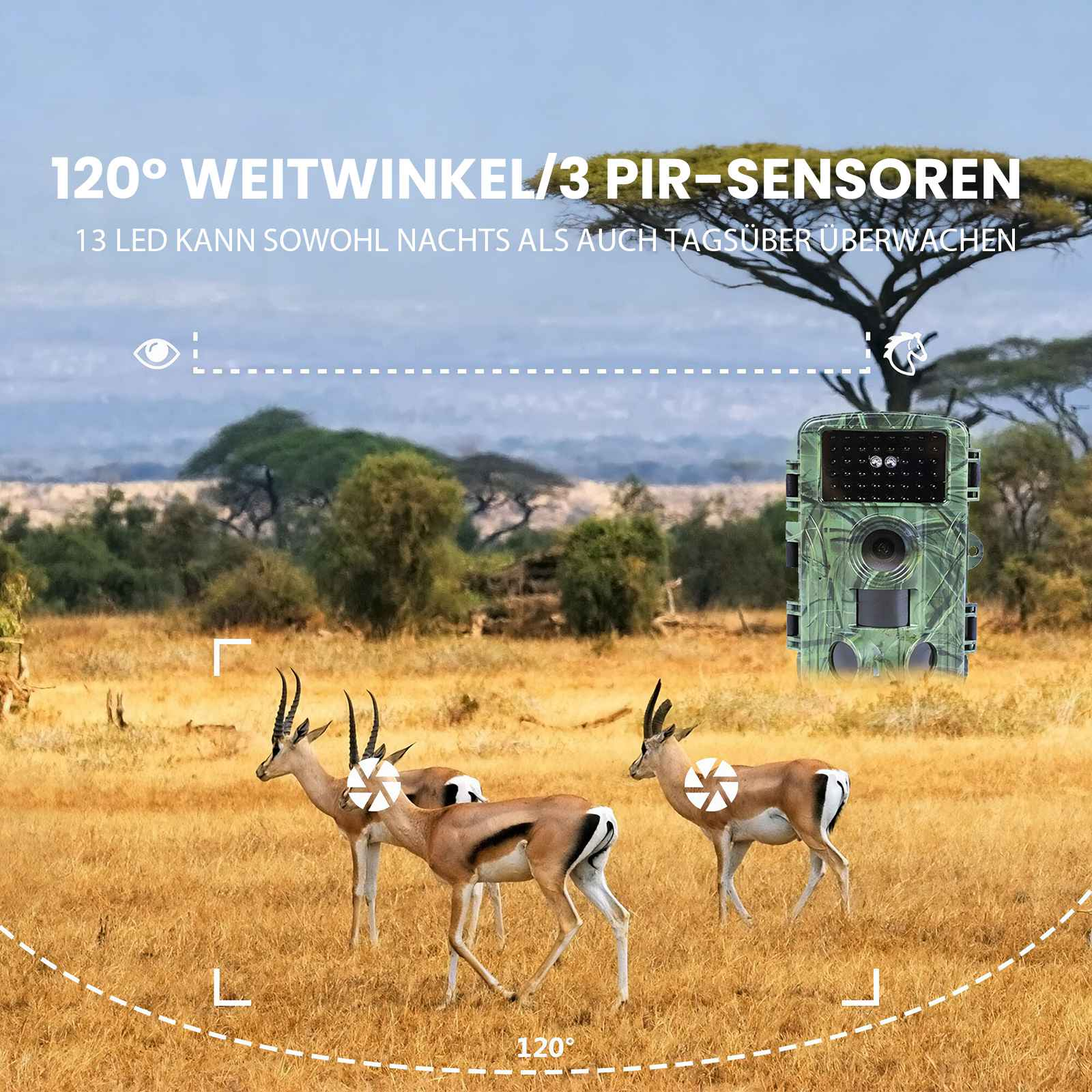 Eine Wildkamera im Tarnmuster steht in einer Savanne mit Gazellen.