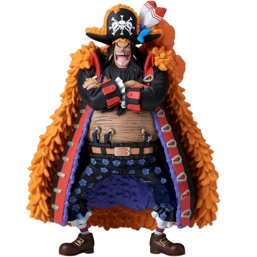Figura di un uomo con capelli neri, cappello da pirata e cappotto arancione.
