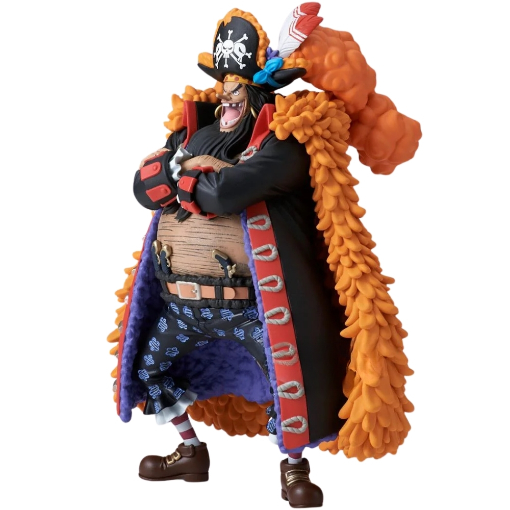 Figura di Marshall D. Teach in abiti da pirata, con cappello nero e cappotto arancione.
