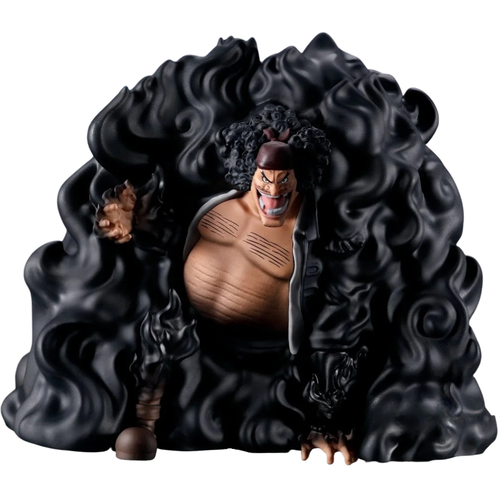 Figura di un uomo con capelli neri, circondato da fumo nero.