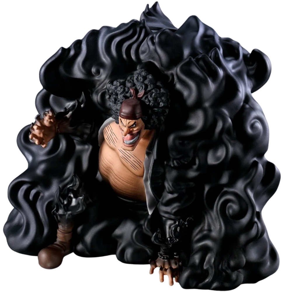 Una statuetta di un uomo muscoloso con capelli neri ricci, una bandana marrone e un petto cicatrizzato, che emerge dal fumo nero.