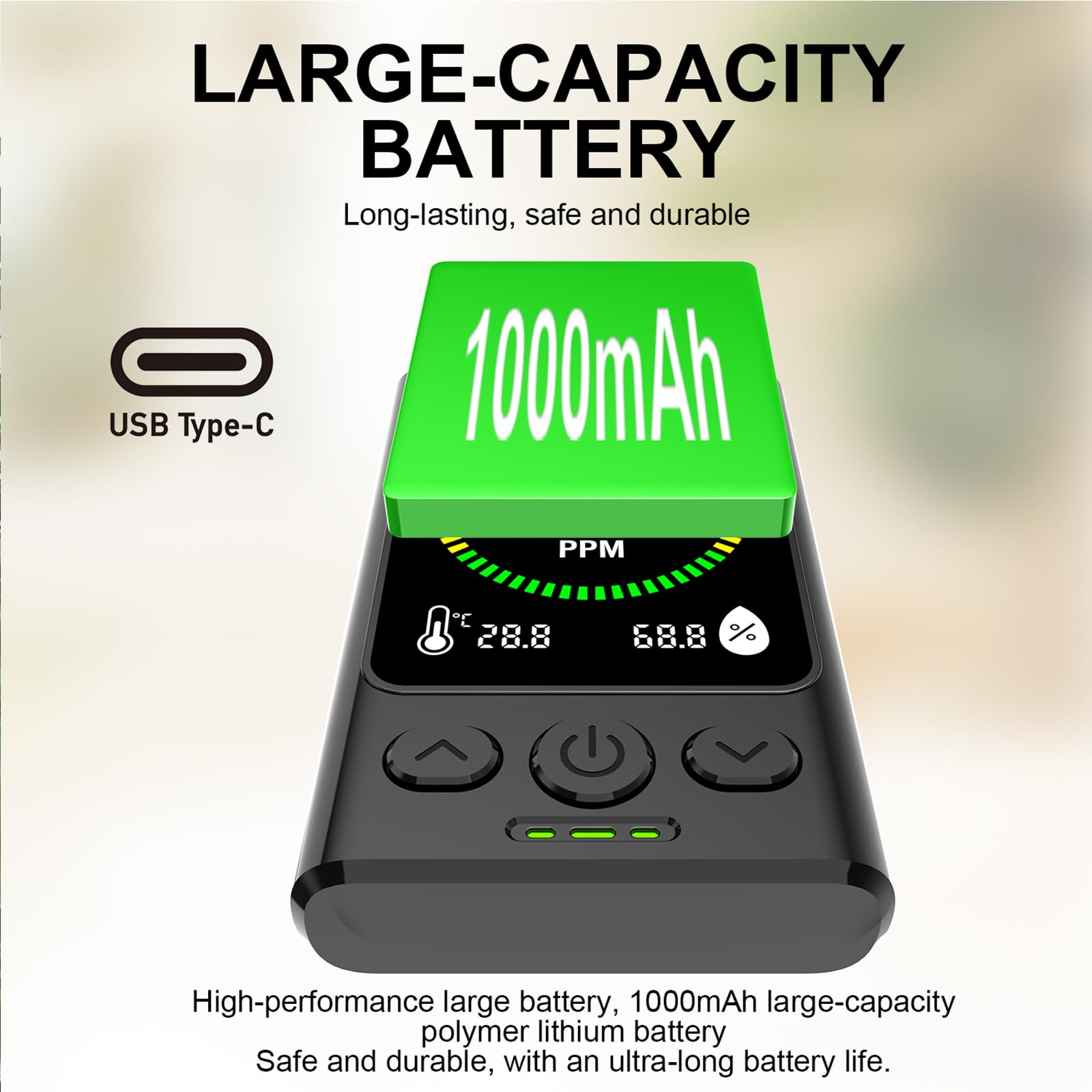 Ein schwarzes Gerät mit einem grünen Bildschirm, der 1000 mAh anzeigt.