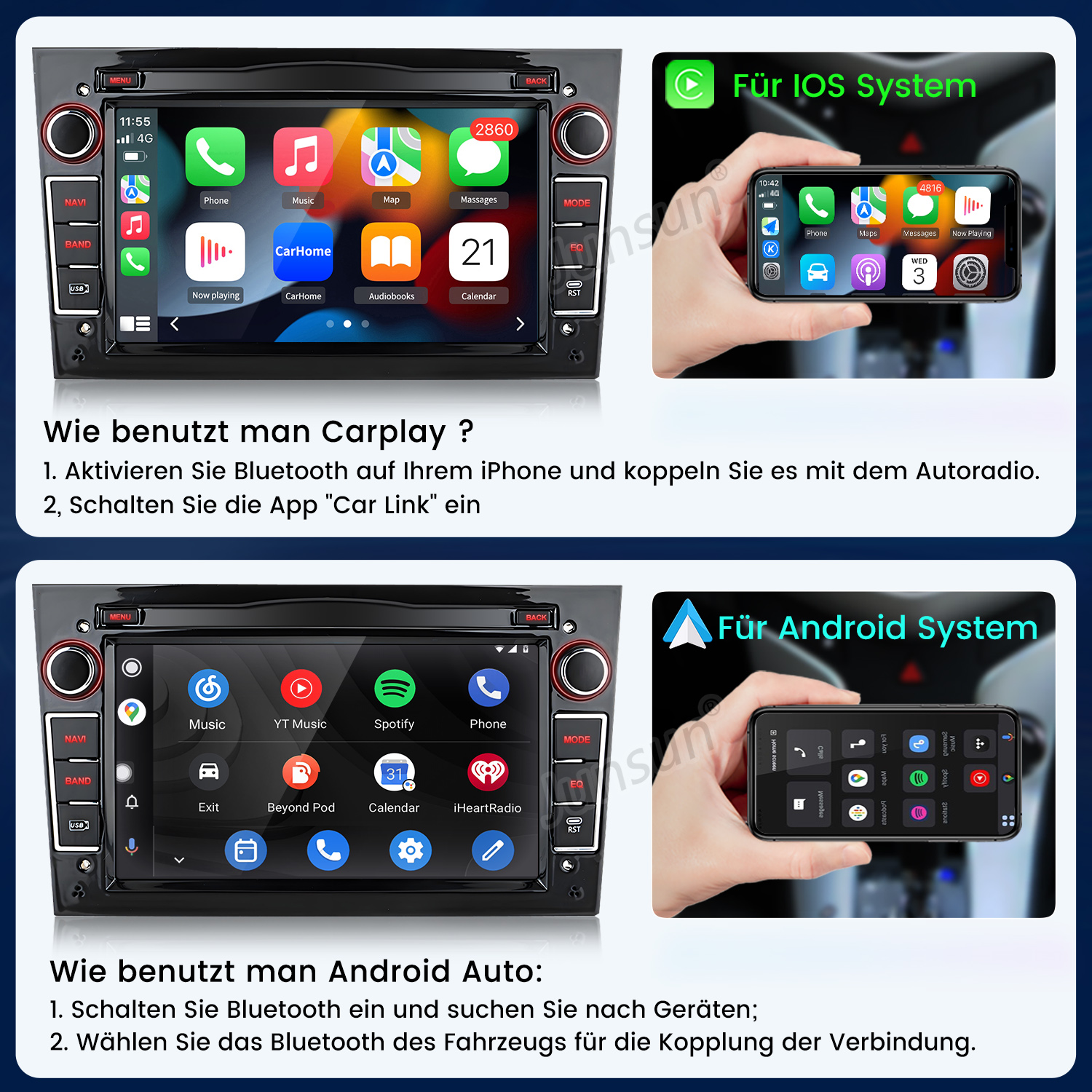 Zwei Autoradios mit Smartphone-Integration: Carplay für iOS und Android Auto.