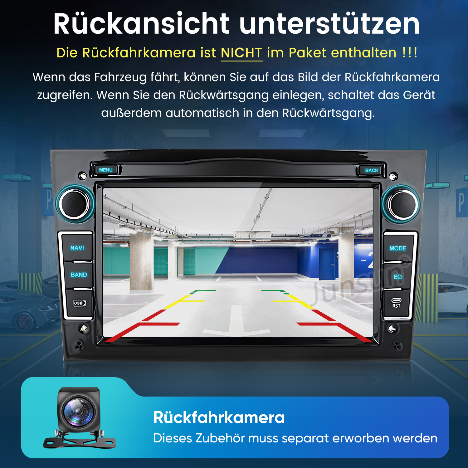 Ein Autoradio zeigt eine Parkhaussicht mit Hilfslinien und eine Rückfahrkamera.