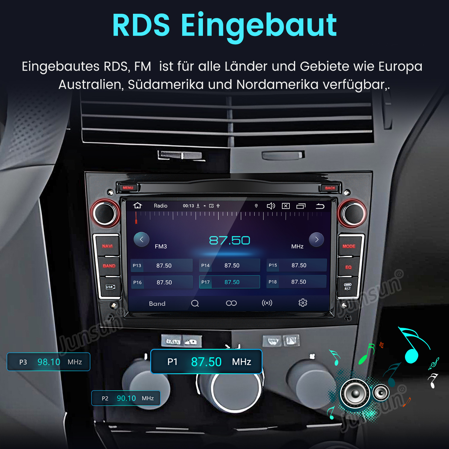 Ein Autoradio mit Touchscreen zeigt FM3 87.50 MHz mit voreingestellten Sendern.