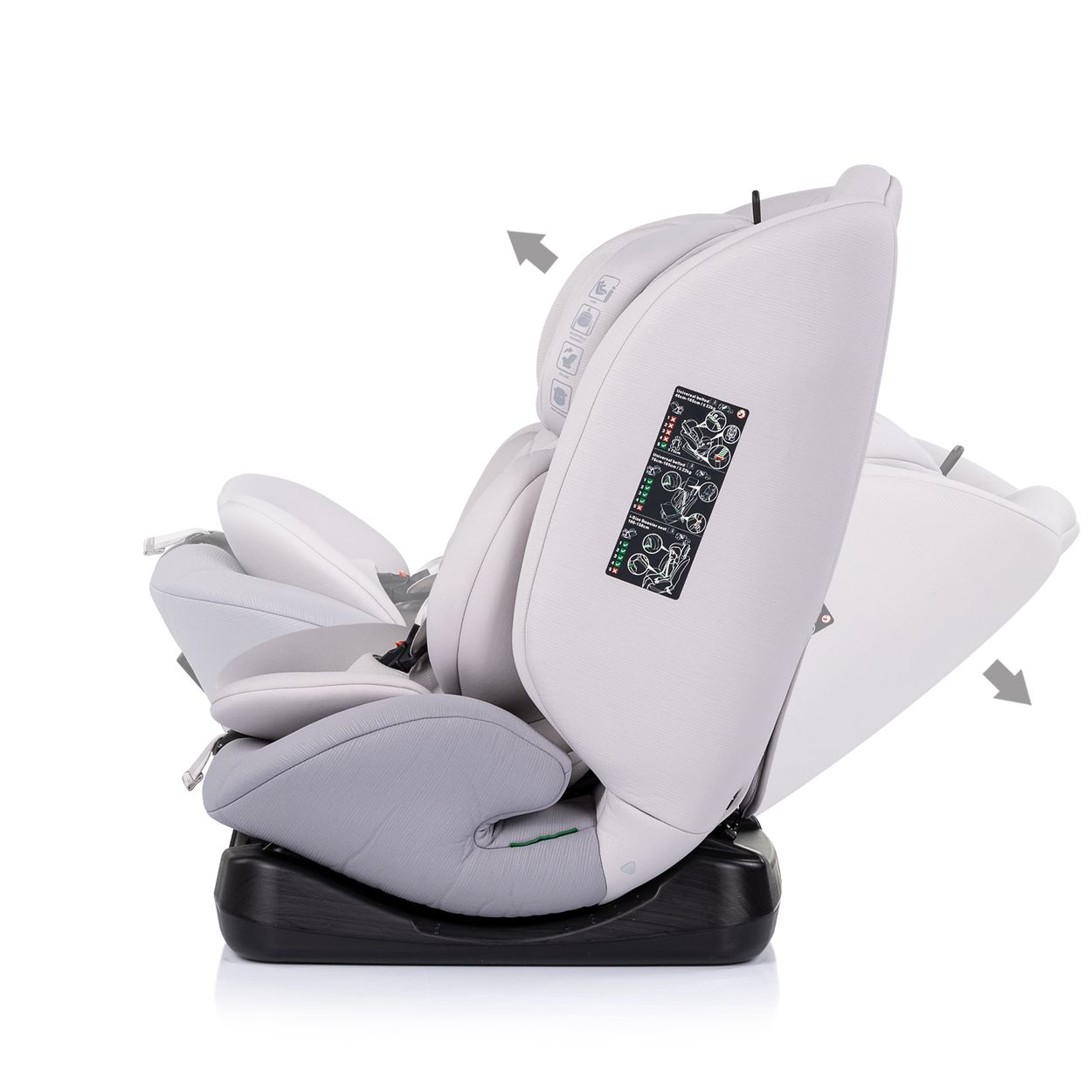 Grauer Kindersitz mit verstellbarer Rückenlehne und Hinweisen.