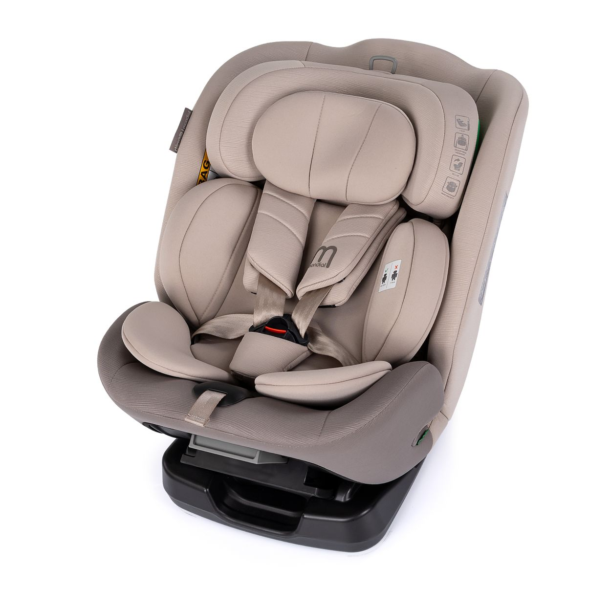 Ein beiger Kindersitz mit 5-Punkt-Gurt, verstellbarer Kopfstütze und Seitenaufprallschutz.