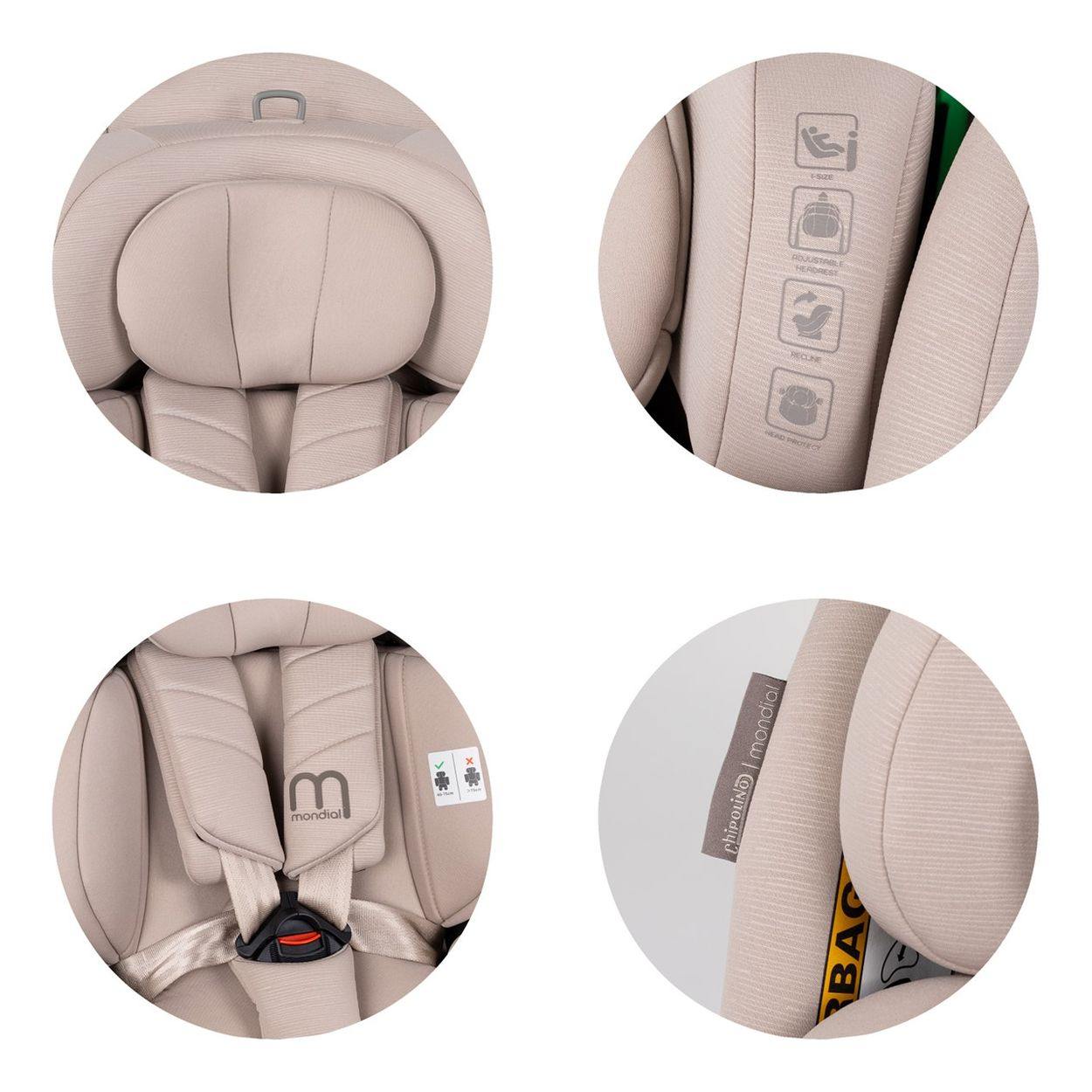 Nahaufnahme eines hellbeigen Kindersitzes mit Gurten und Logos.