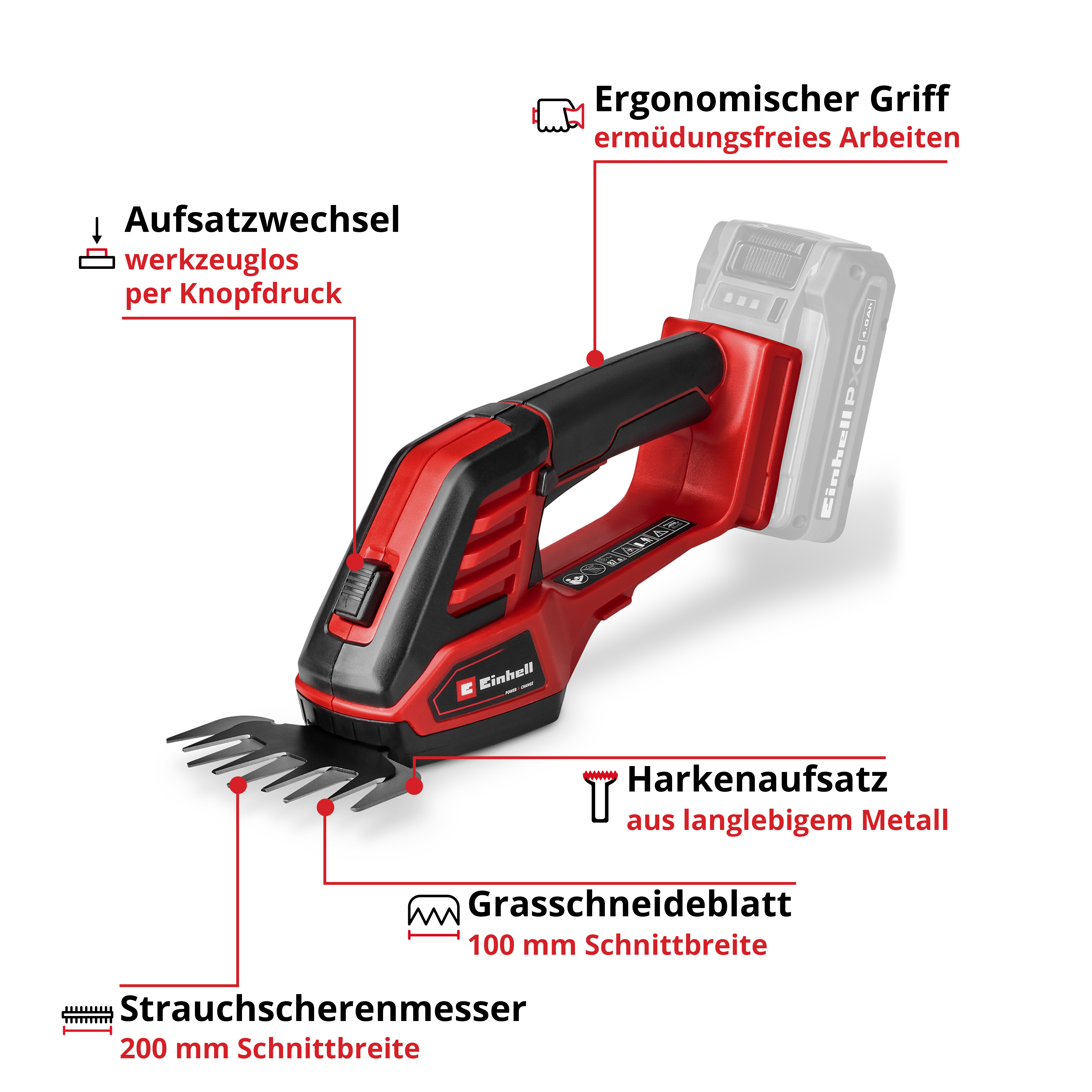 Ein roter und schwarzer Akku-Gras- und Strauchscheren-Schneider mit Zubehör.