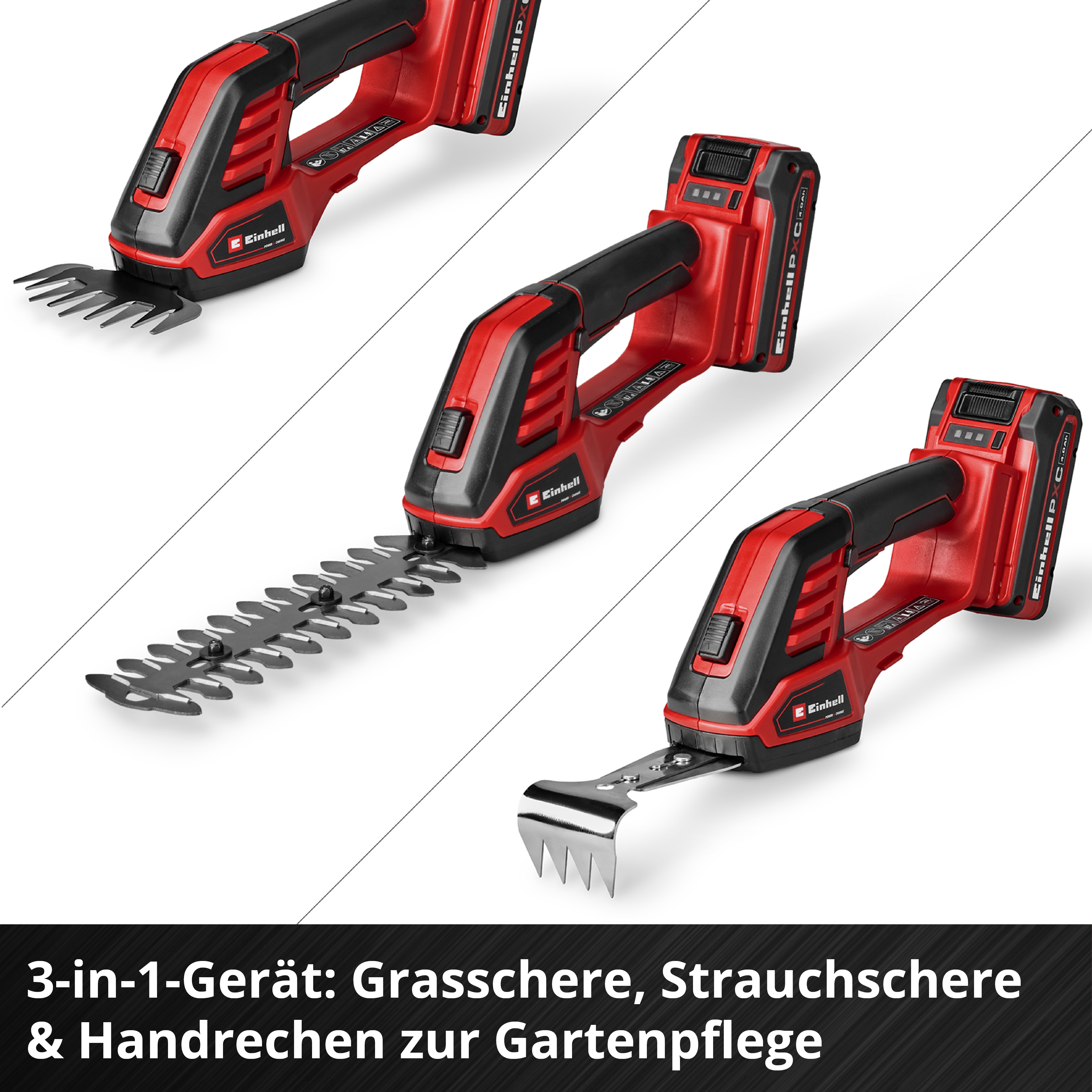 Drei rot-schwarze Akku-Gartengeräte: Grasschere, Strauchschere und Handrechen.