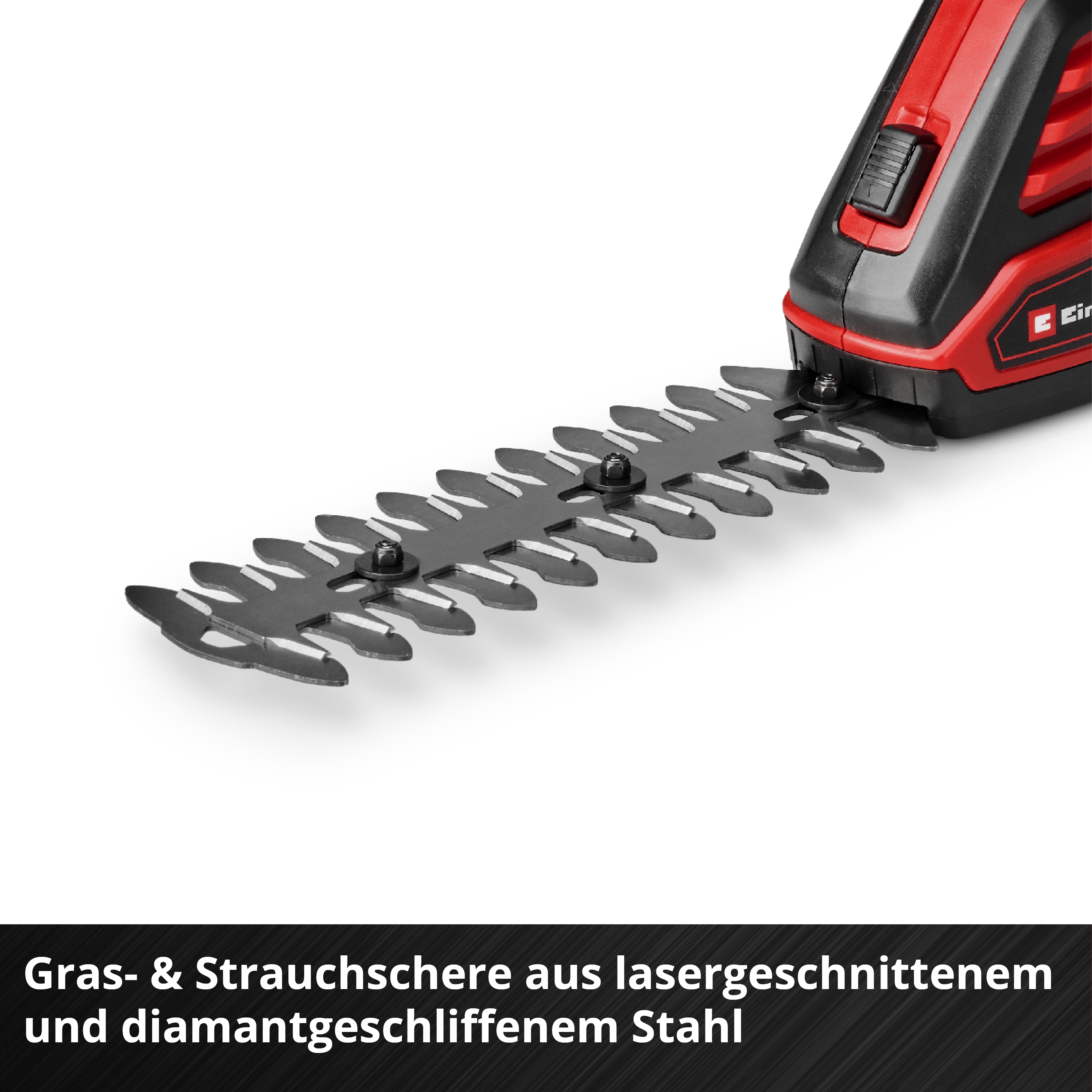 Rot-schwarze elektrische Heckenschere mit lasergeschnittenen, diamantschliffenen Klingen.