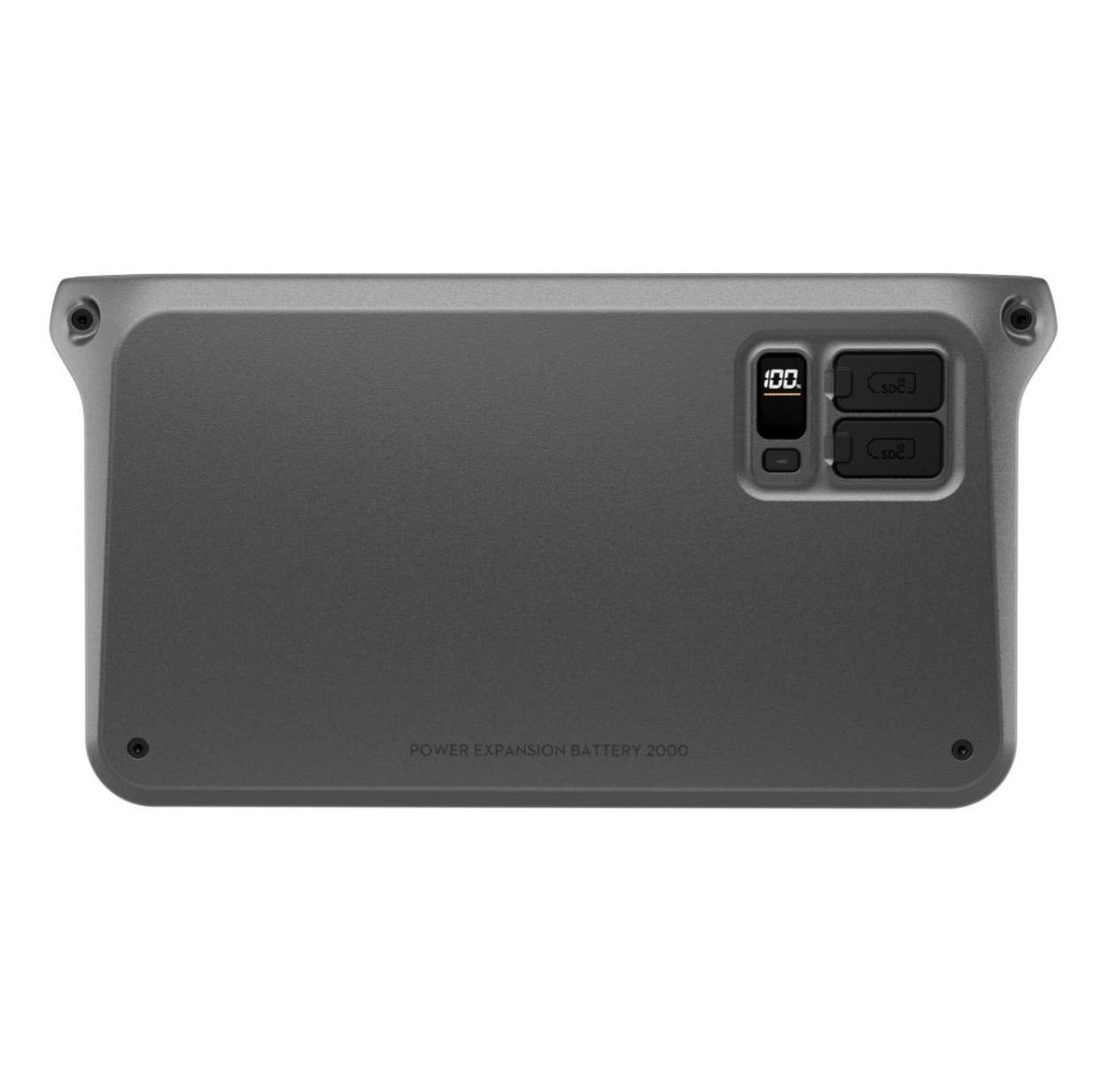 Graues Powerbank-Gehäuse mit 100% Anzeige und zwei SDC-Anschlüssen.