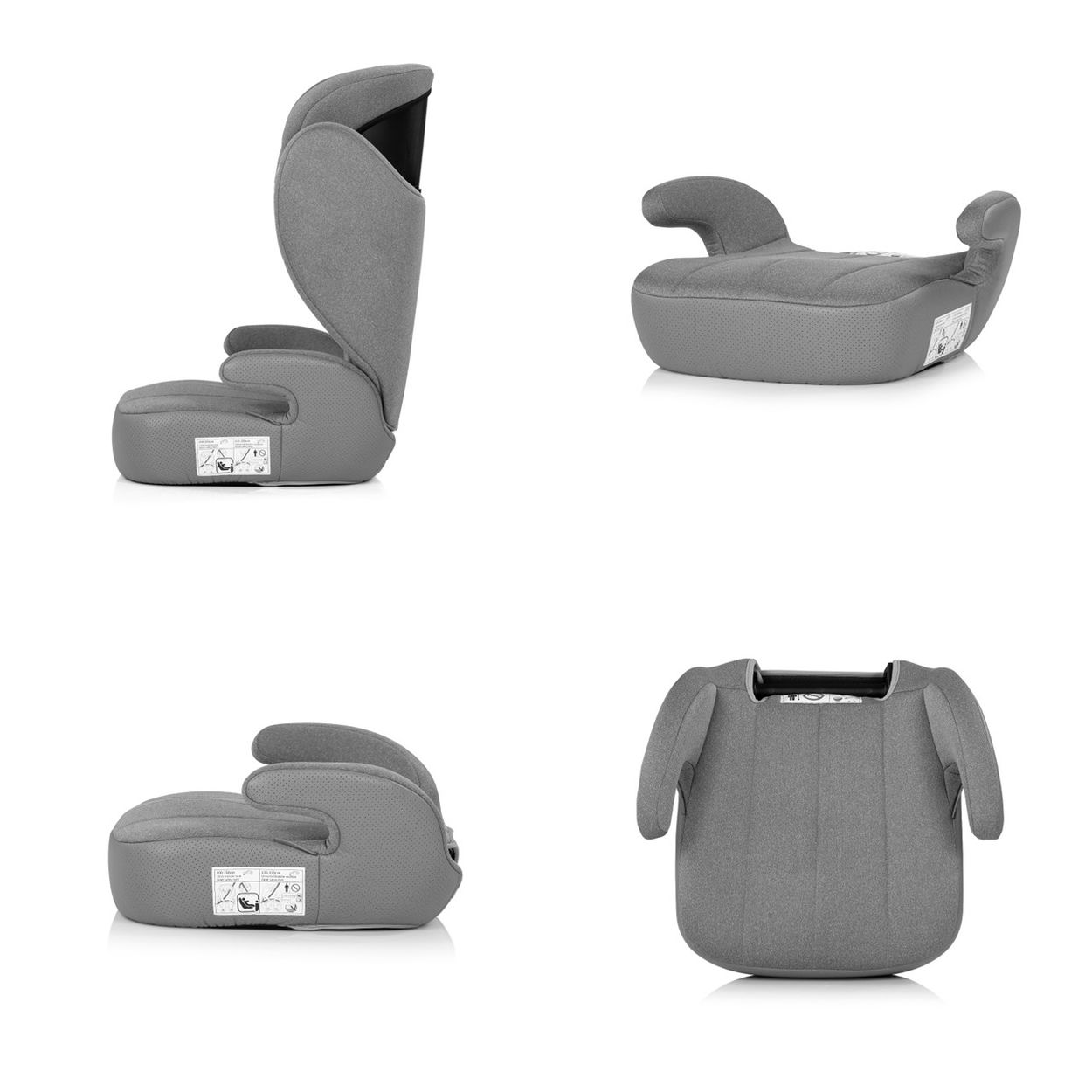 Grauer Kindersitz mit Armlehnen, von verschiedenen Seiten gezeigt.