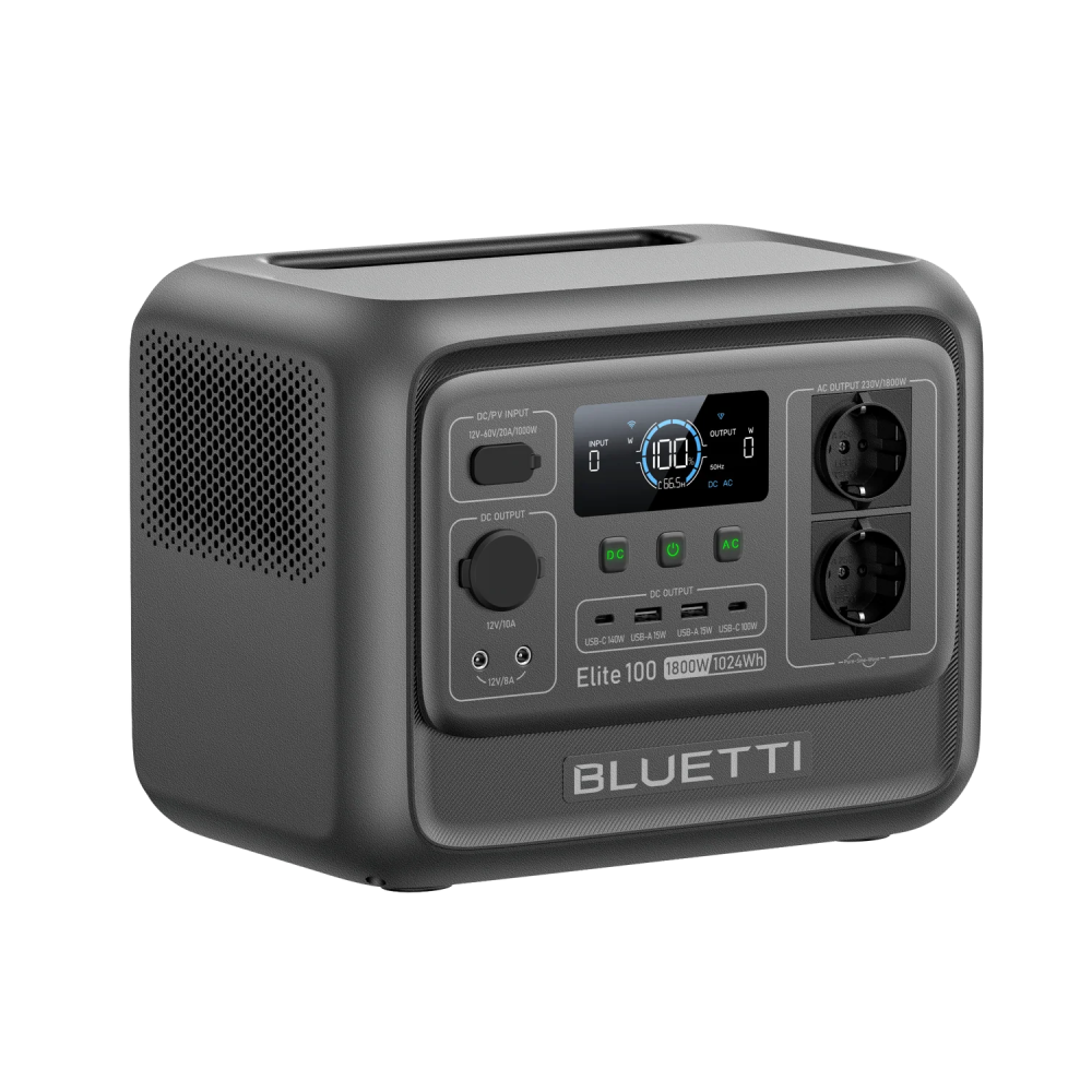Una centrale elettrica Bluetti portatile scura con porte e display digitale.