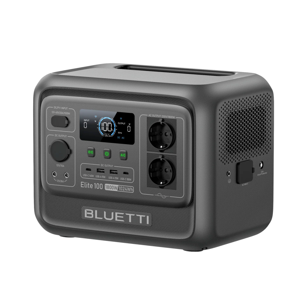 Generatore di corrente Bluetti nero con display digitale e porte.