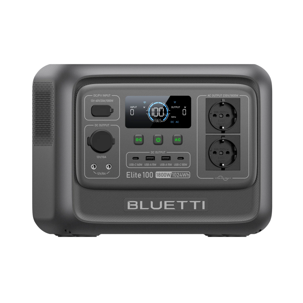 Una stazione di alimentazione portatile BLUETTI grigia con varie porte, un display digitale che mostra il 100% di carica e pulsanti.