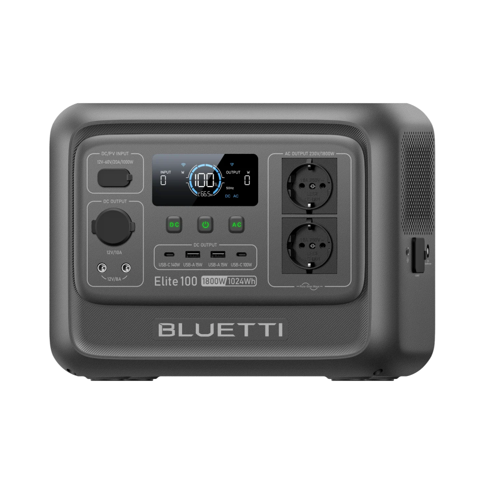 Una stazione di alimentazione portatile BLUETTI grigia con più porte, un display digitale che mostra il 100% di batteria e le specifiche di alimentazione.