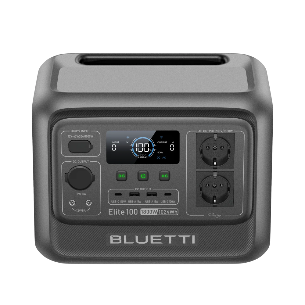 Stazione di alimentazione Bluetti grigia con display, porte e prese d'aria.