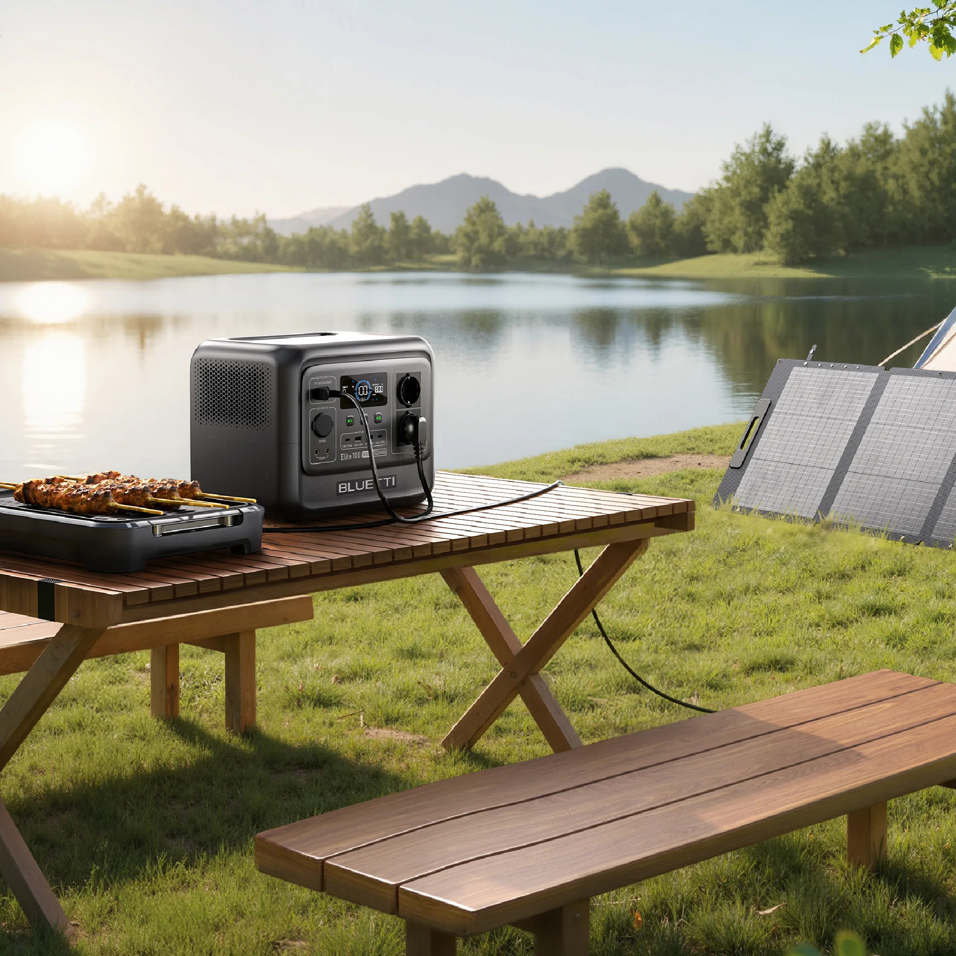Ein tragbares Kraftwerk und ein Grill stehen auf einem Holztisch am Seeufer.