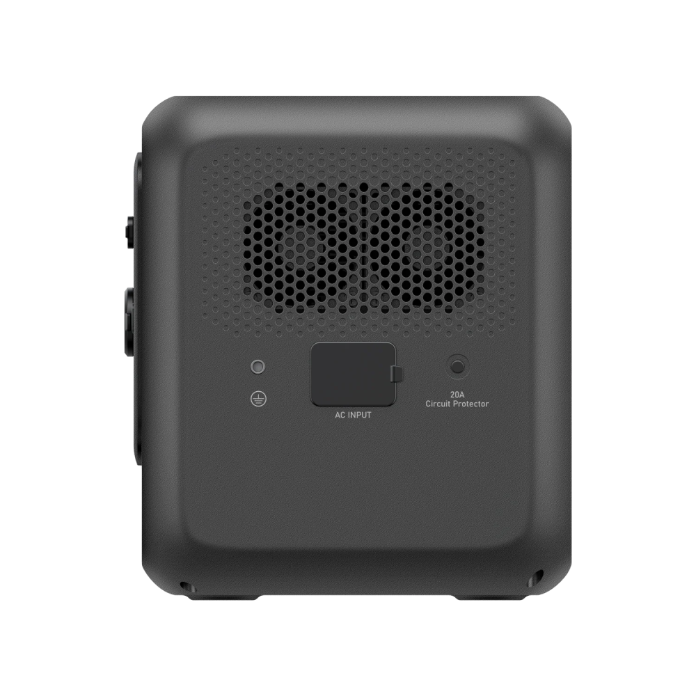 Stazione di alimentazione portatile nera con griglia di ventilazione e porte.