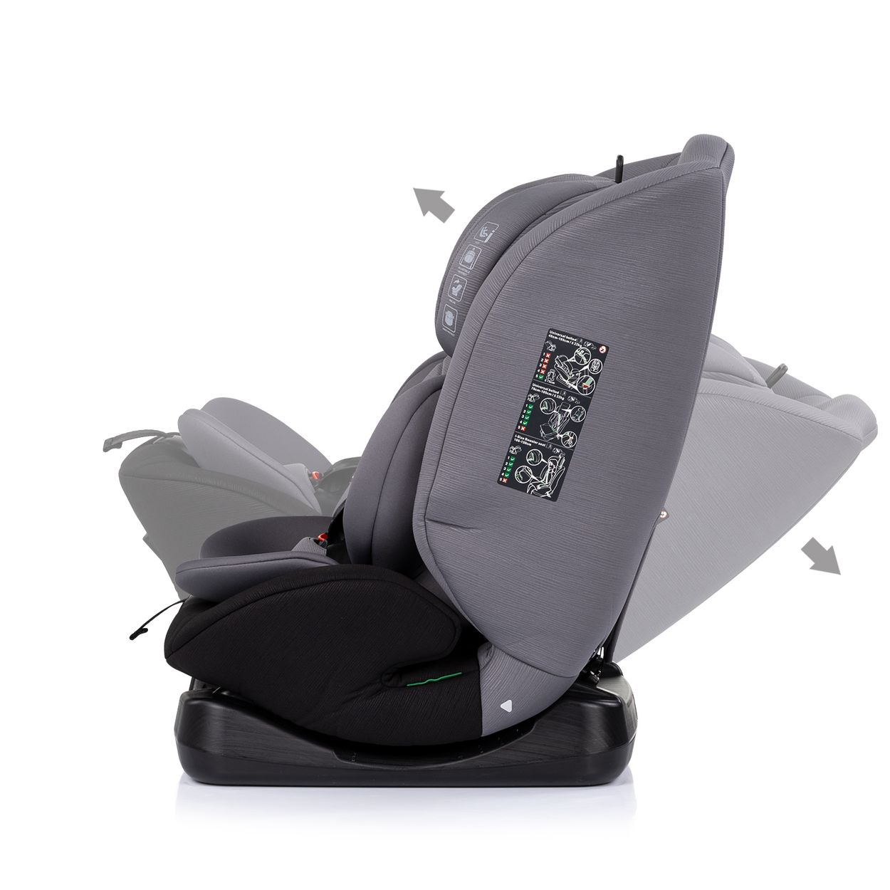 Grauer Kindersitz mit schwarzen Polstern, verstellbar, mit Warnsymbolen.