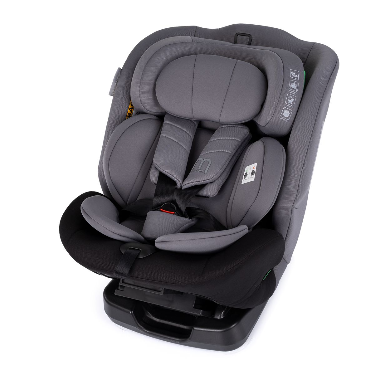Grauer Kindersitz mit schwarzen Polstern, Gurten und einer Basis.