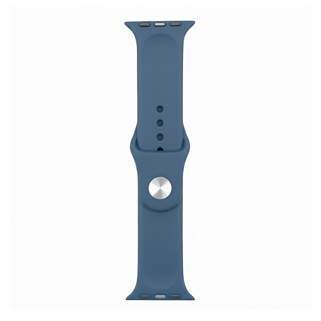 Ein blauer Armband für eine Smartwatch mit silbernem Knopf.