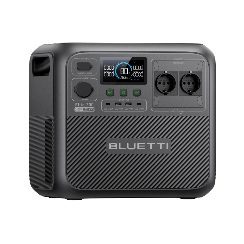 Una centrale elettrica BLUETTI Elite 200 con display, porte e prese d'aria.