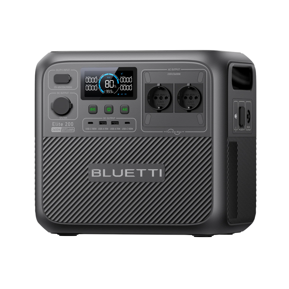 Una centrale elettrica Bluetti Elite 200 grigia con display digitali, porte e fessure di ventilazione.