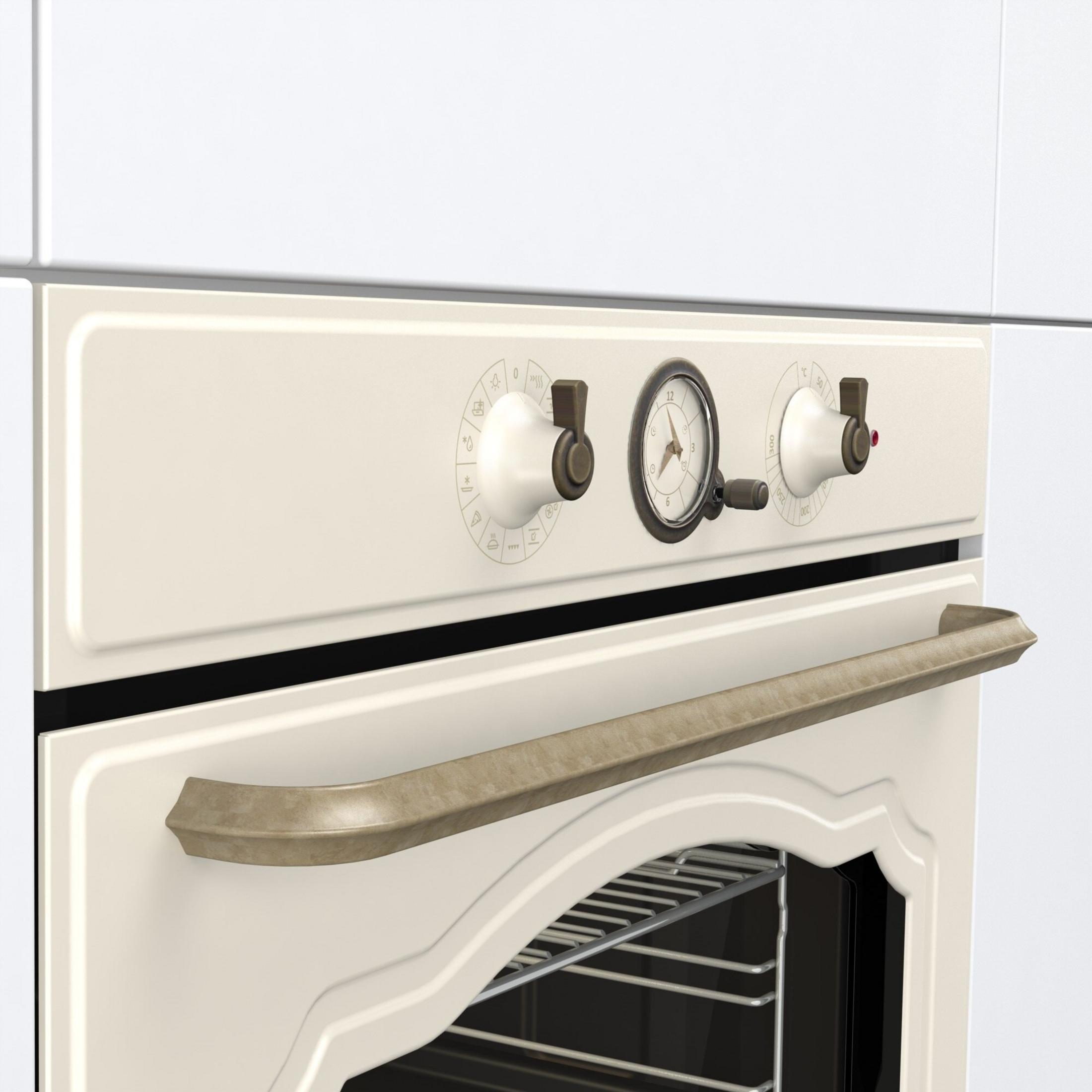 Un forno beige con manopole, un orologio e una maniglia. I dettagli sono visibili.