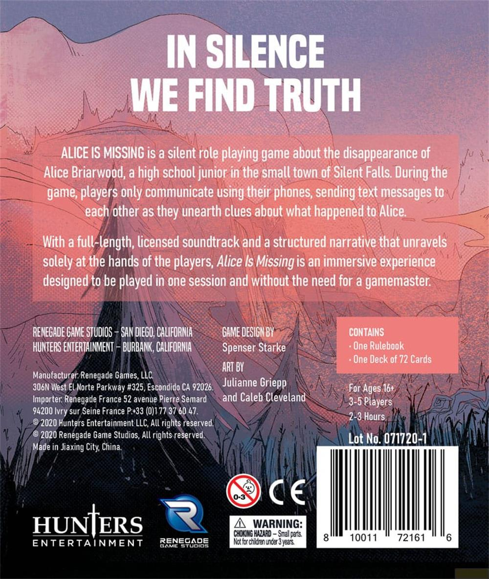 Scatola del gioco "Alice Is Missing" con titolo, descrizione e avvertenze.