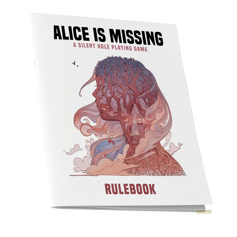 Copertina del manuale di 'Alice is Missing', con profilo stilizzato e texture ad albero.