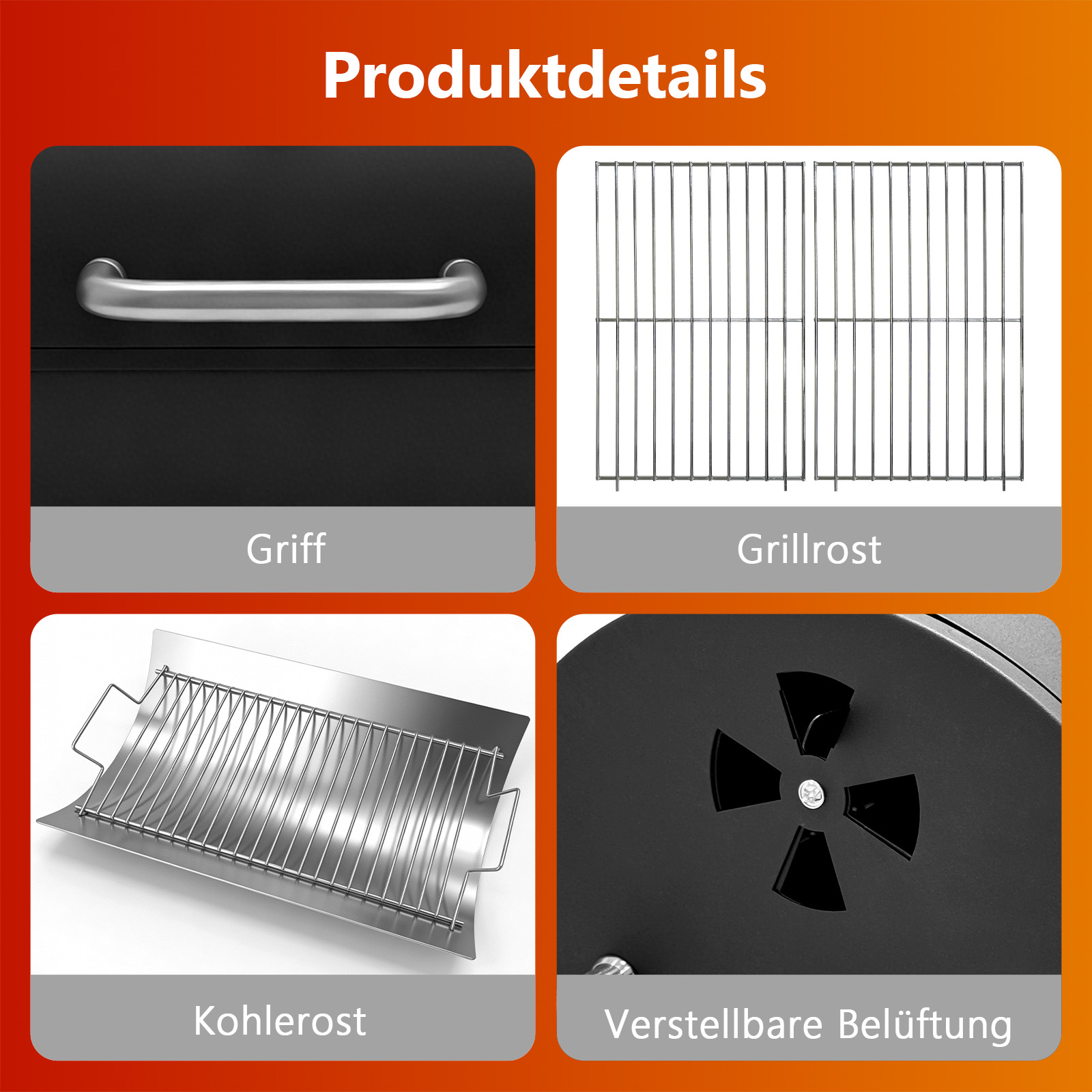 Produktbilder: Griff, Grillrost, Kohlerost und Lüftung.