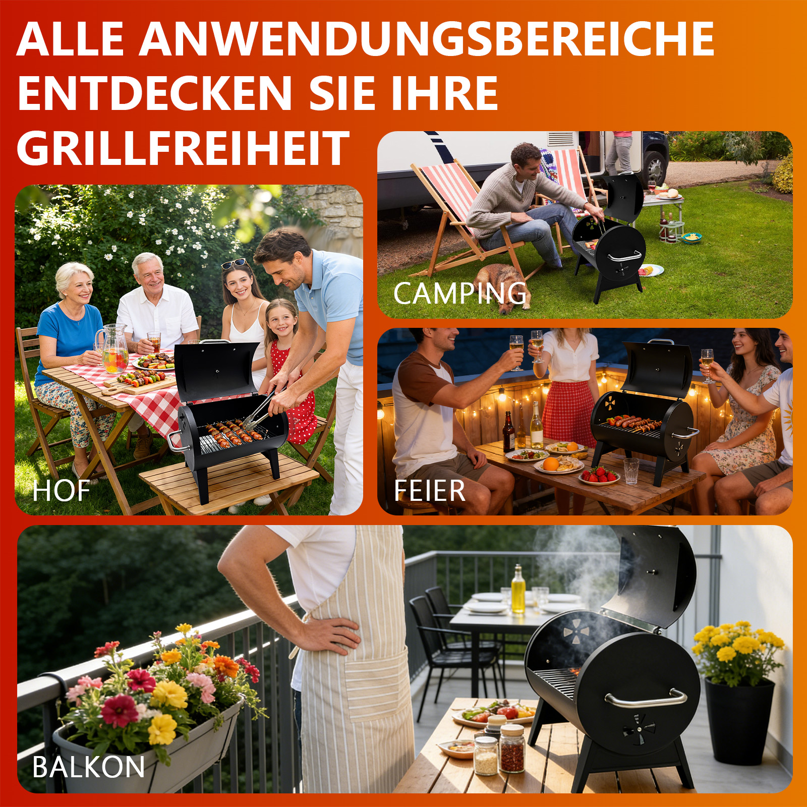 Grillfreude: Familie im Garten, Camping, Feier und Balkon.