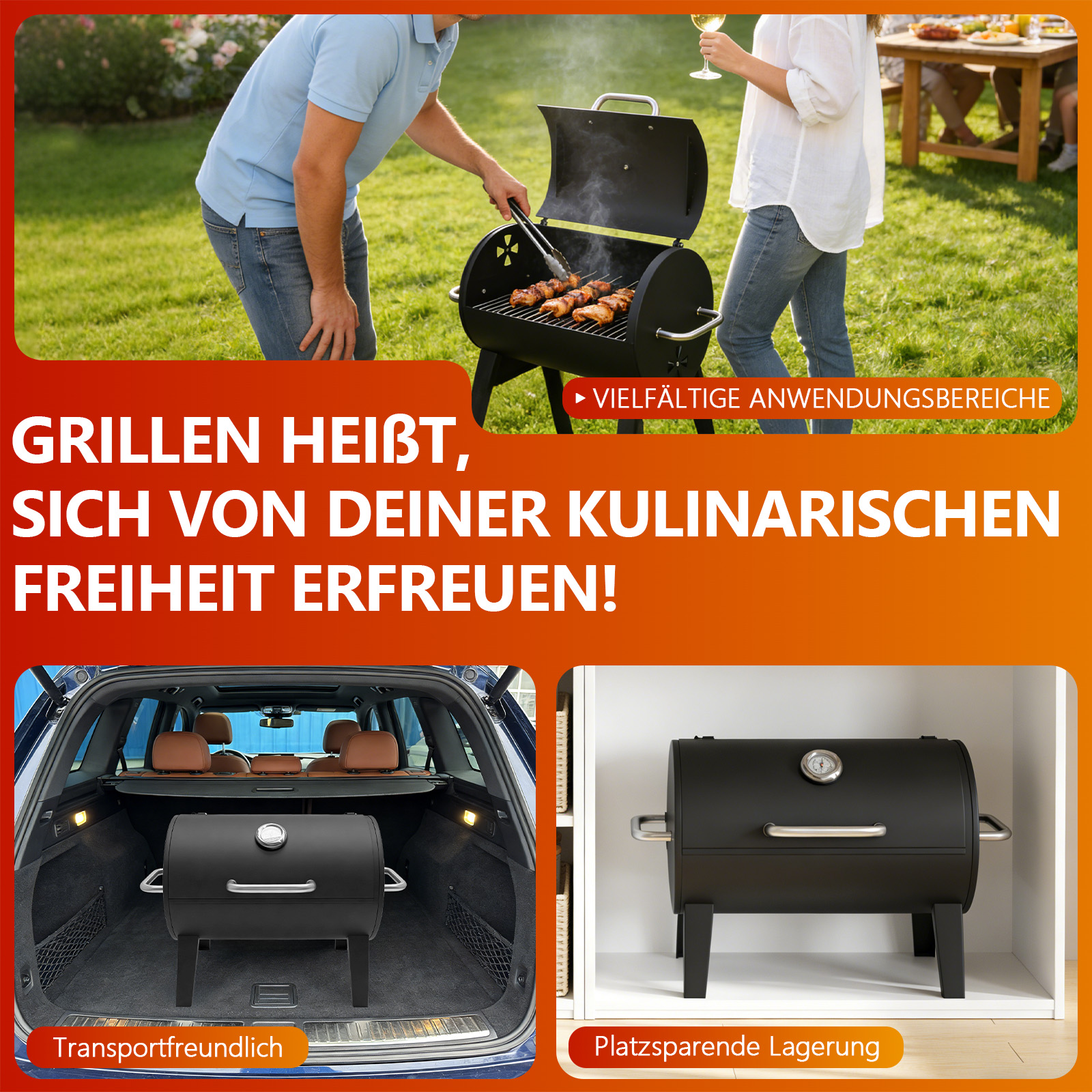 Grill mit Fleisch auf dem Rost, im Auto und im Regal.