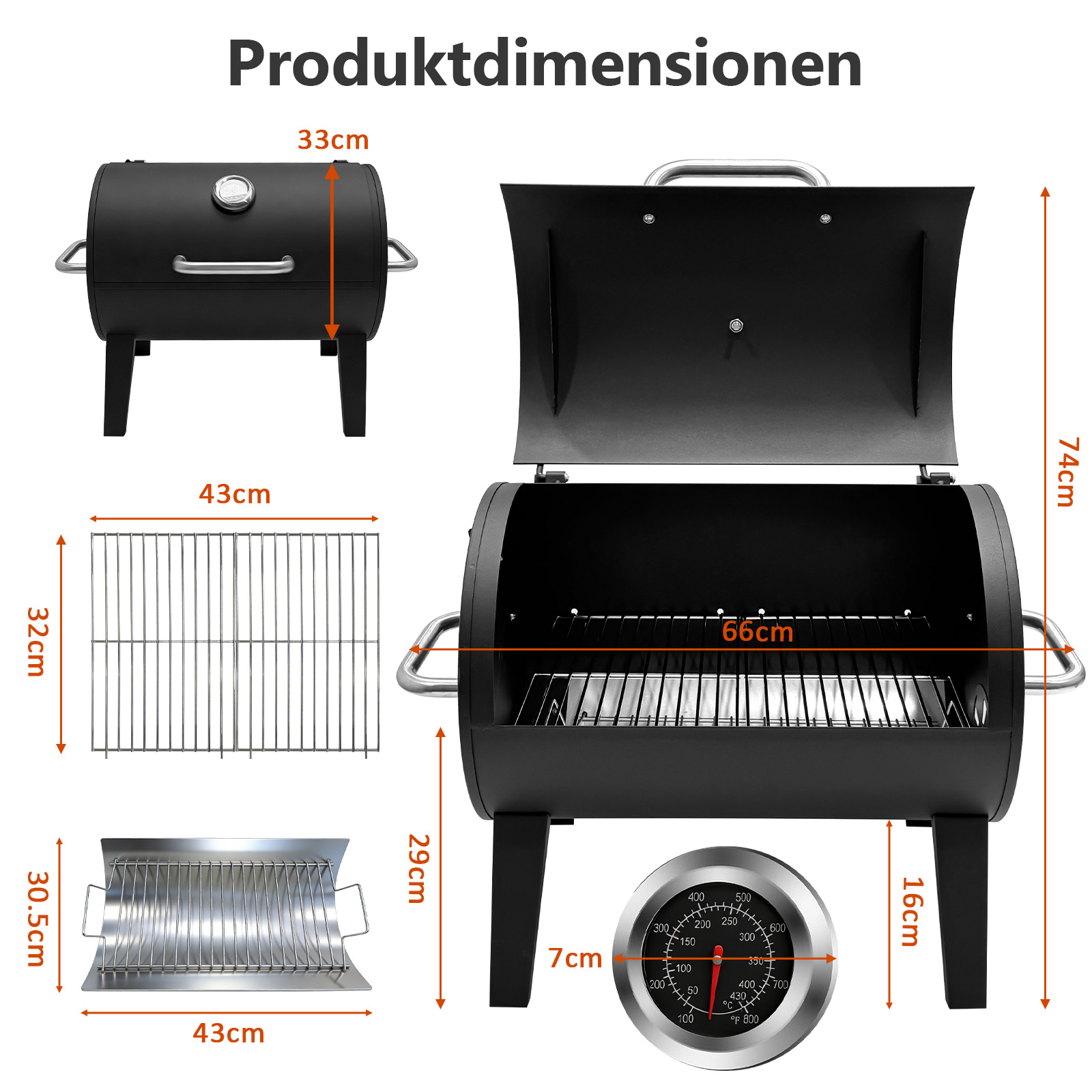 Ein schwarzer Grill mit verschiedenen Maßen in Zentimetern, einschließlich Rosten und einem Thermometer.