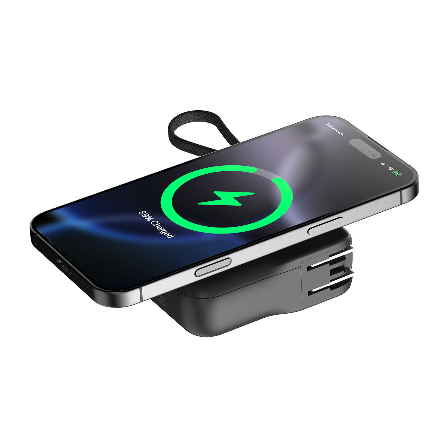 Uno smartphone nero all'89% di carica poggia su un power bank nero.