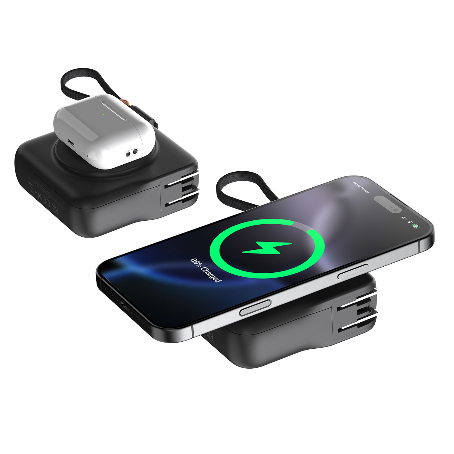 Un caricatore nero con un iPhone e una custodia AirPods in carica.