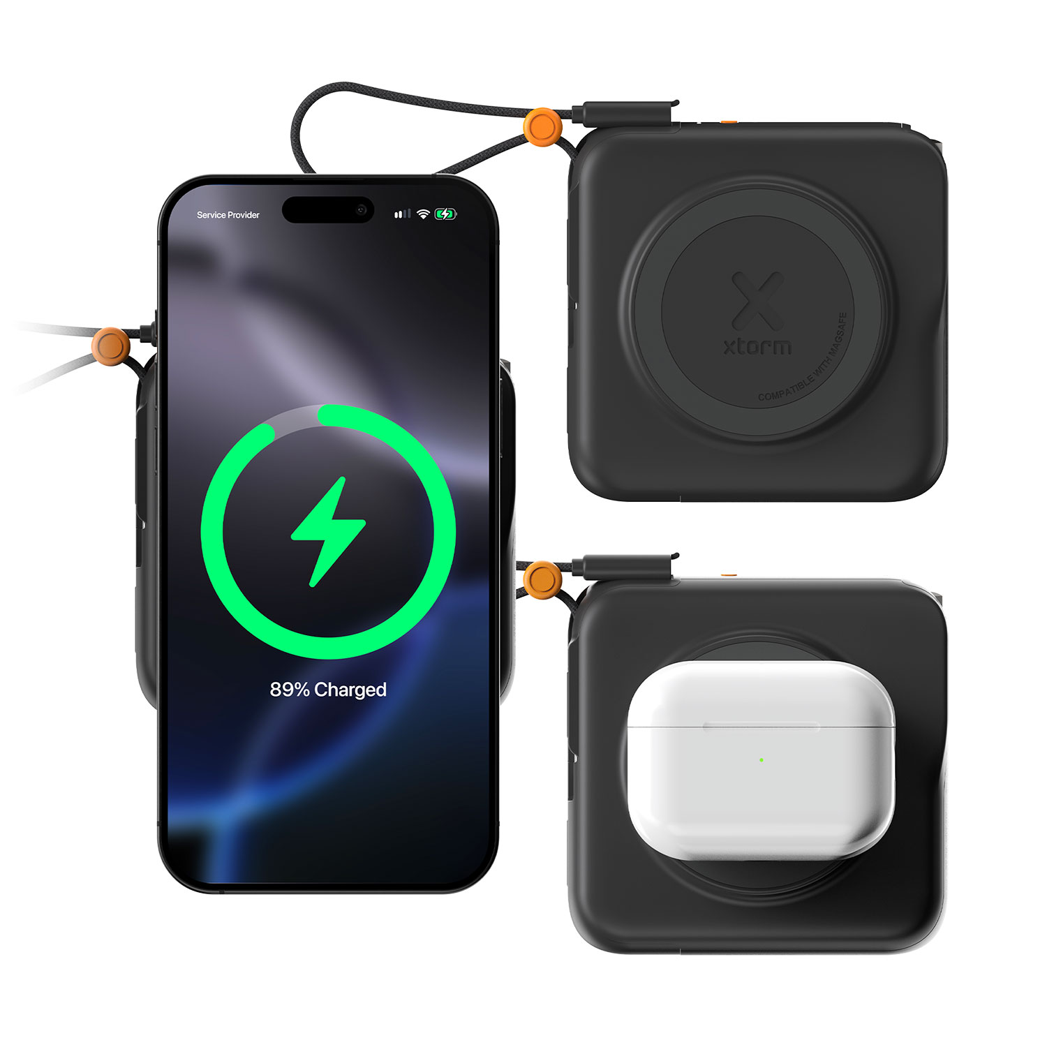 Caricatore nero con iPhone e custodia AirPods, 89% carico.