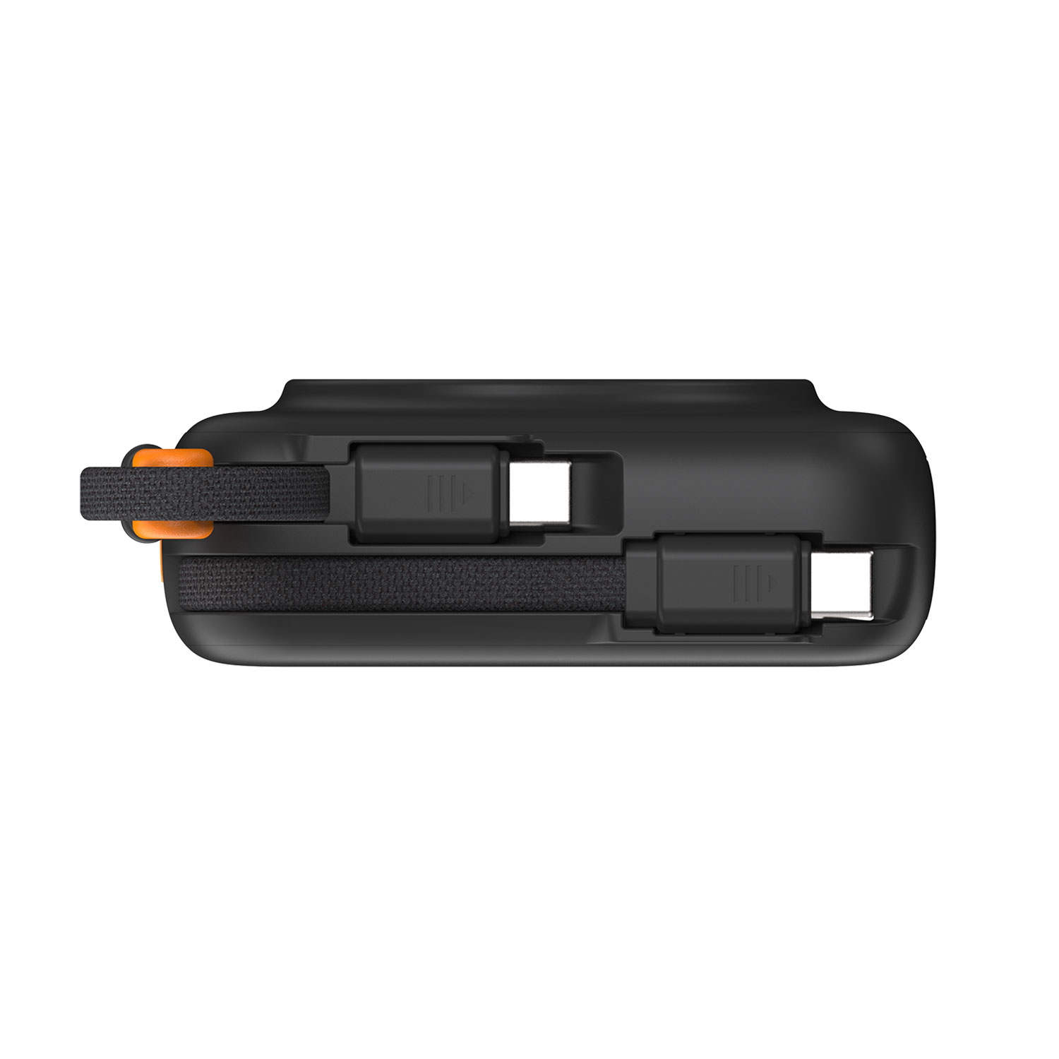 Scocca nera con cinturino arancione e due porte USB-C.