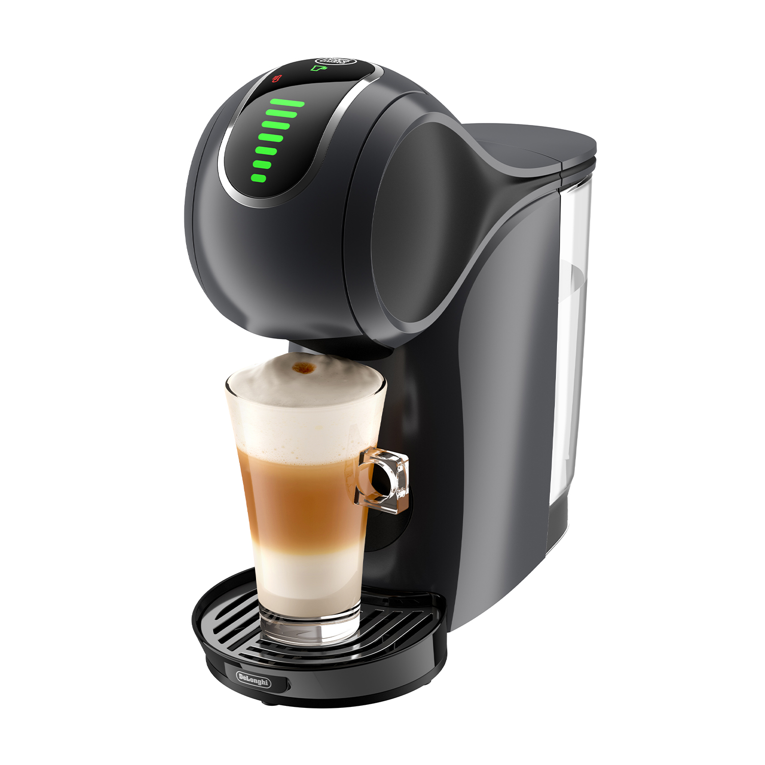 Eine schwarze Kaffeemaschine mit einem Glas Latte Macchiato.