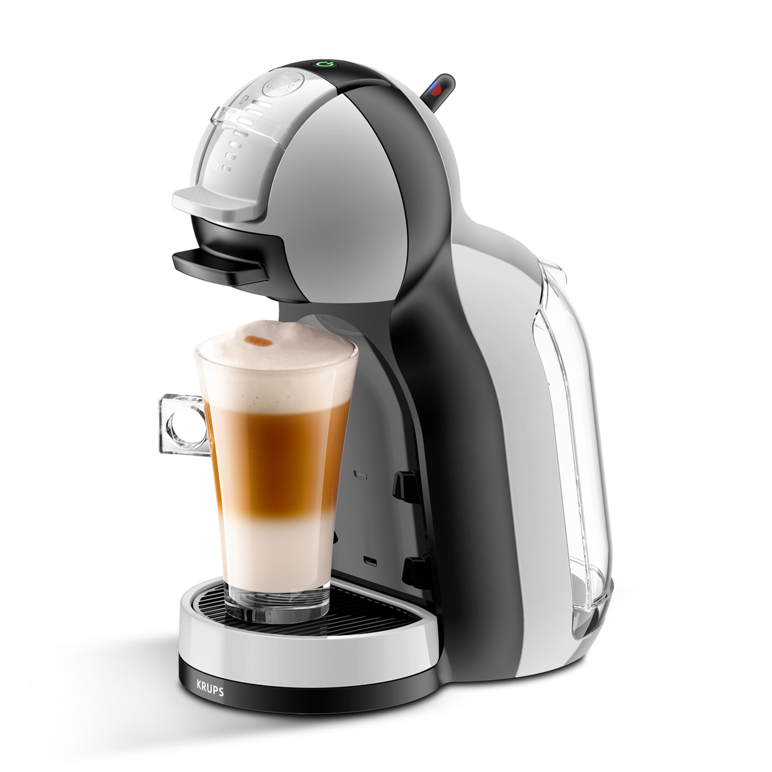 Kaffeemaschine mit einem Glas Latte Macchiato, weiß und schwarz.